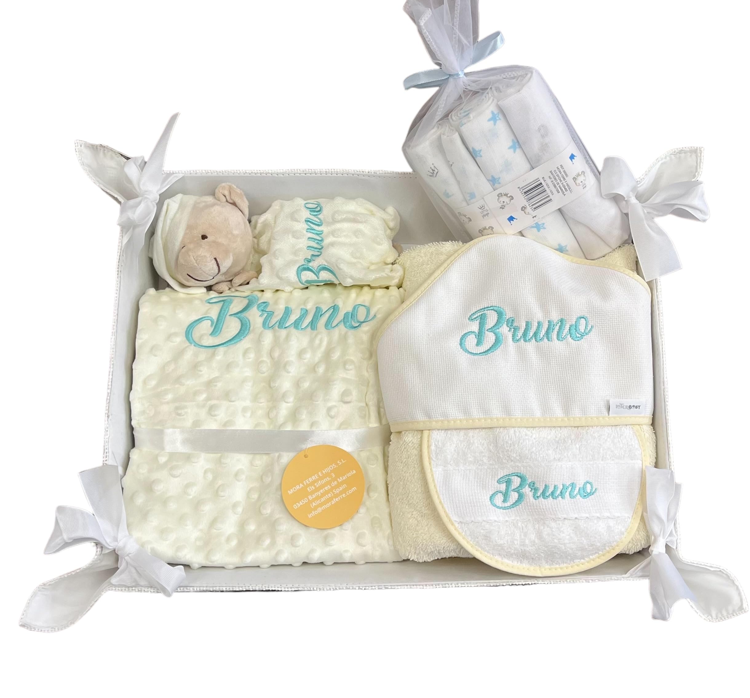Danielstore Canastilla Bebé Personalizada Cesta Regalo Incluye Manta + Dou Dou + Pack Gasas + Toalla Baño Bebé + Babero Personalizado Regalo para Recién Nacidos (Beige)