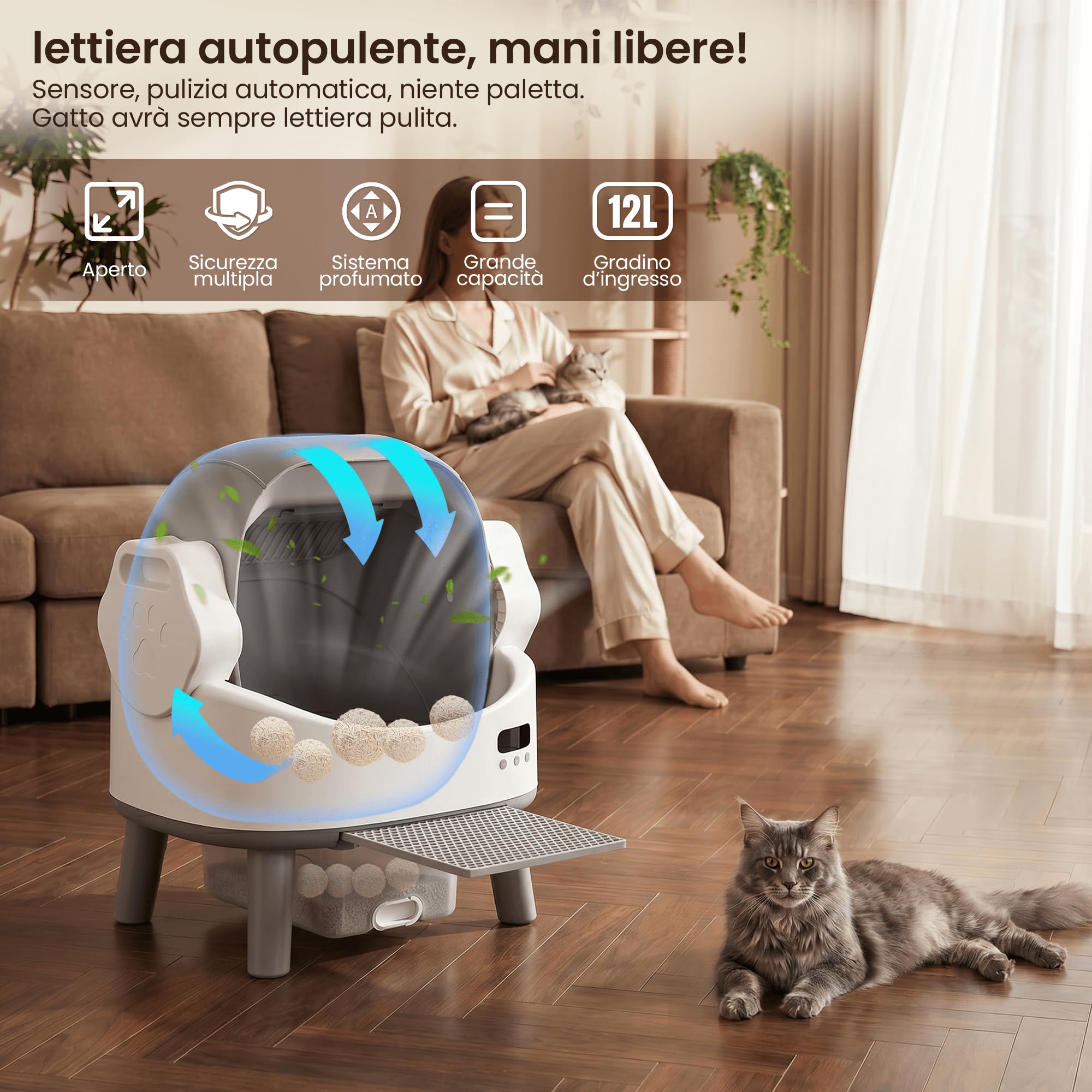 JUMMICO Lettiera Gatto Autopulente, Lettiera Automatica per Gatti Grandi Fino a 10 kg, Lettiera Elettrica con Protezione e Deodorante, Ideale per Famiglie con Più Gatti