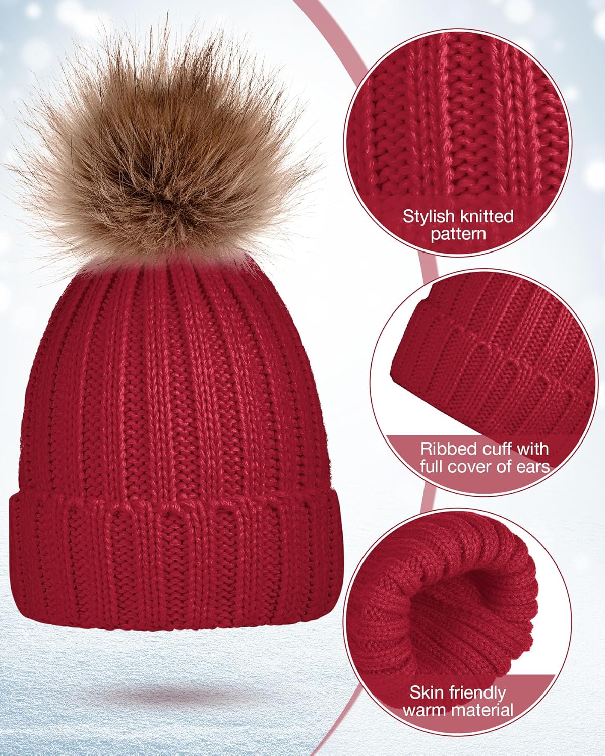 JaGely 12 Pcs Women Winter Knitted Hat Gloves Set Touch Screen Gloves Warm Knitted Beanie Hats Faux Fur Pom Winter Warm Set