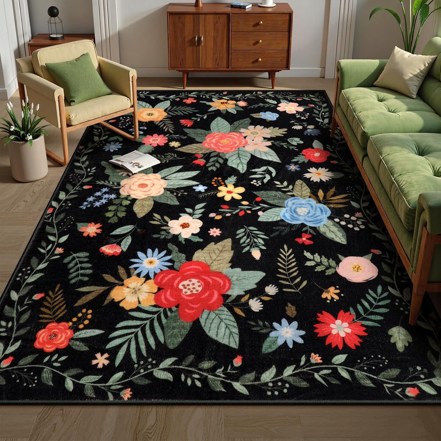 MUOUCTE Rustic Floral Area Carpet, 160x200cm, Vintage Red Colorful Flowers with Green Leaves Black Stain Resistant Floor Mat, Low-Profile Non Slip Washable Boho Funky Rug for Relax Room Playroom