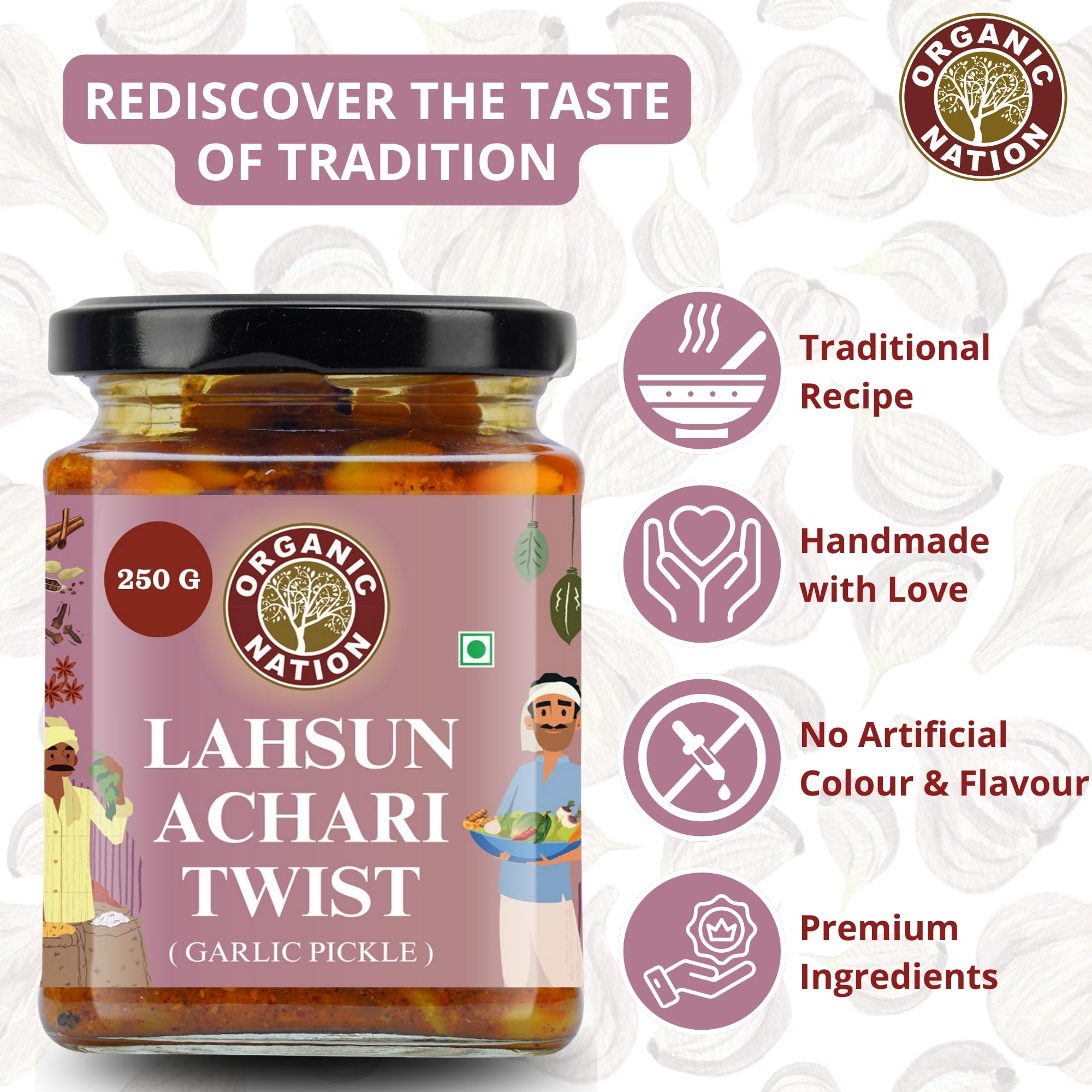 ORGANIC NATION Lahsun Achari Twist Garlic Pickle - Authentic Lahsun Ka Achar with Rich Flavor Premium Garlic Achar for Traditional Taste 250g Jar, Natural Ingredients, No Preservatives Vibrant Color 2