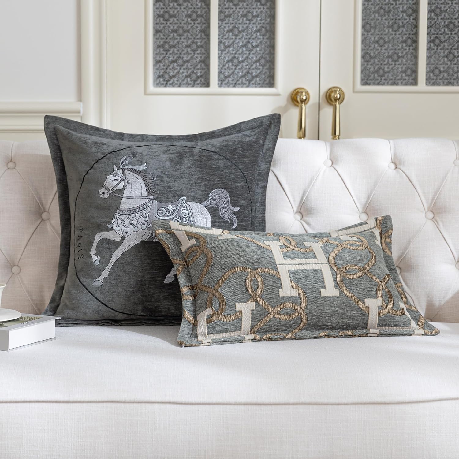 1-Piece Luxury Decorative Throw Pillow Covers 20x20 Inch, Horse Embroidery Chenille Cushion Cover, Modern Style Square Pillowcase for Living Room Bedroom Couch Sofa(Dark Gray)