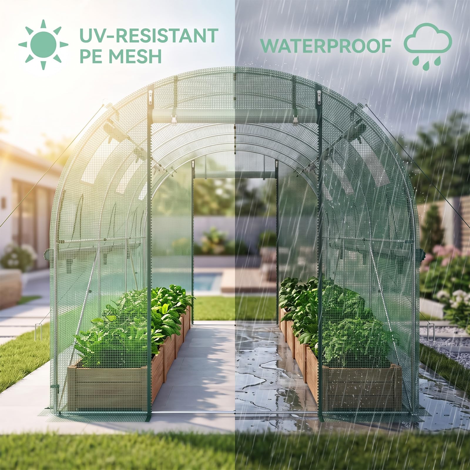 Gewächshaus Balkon Garten, Bogen Foliengewächshaus 300×200×200 cm, Winterfestes Tomatengewächshaus Stabil, Platzsparendes Überwinterungszelt mit Reißverschlusstür, Wind- & Wetterfest, Grün