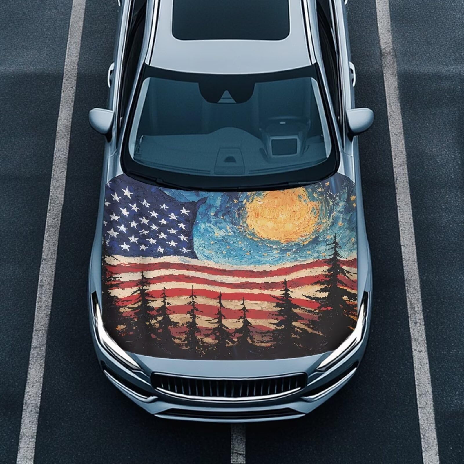 Waterproof Car Hood Cover American Flag Stars Stretch Protector for Car Hood Removable Automotive Accessories for Most Automotive Sedans Trucks Pickup SUVs