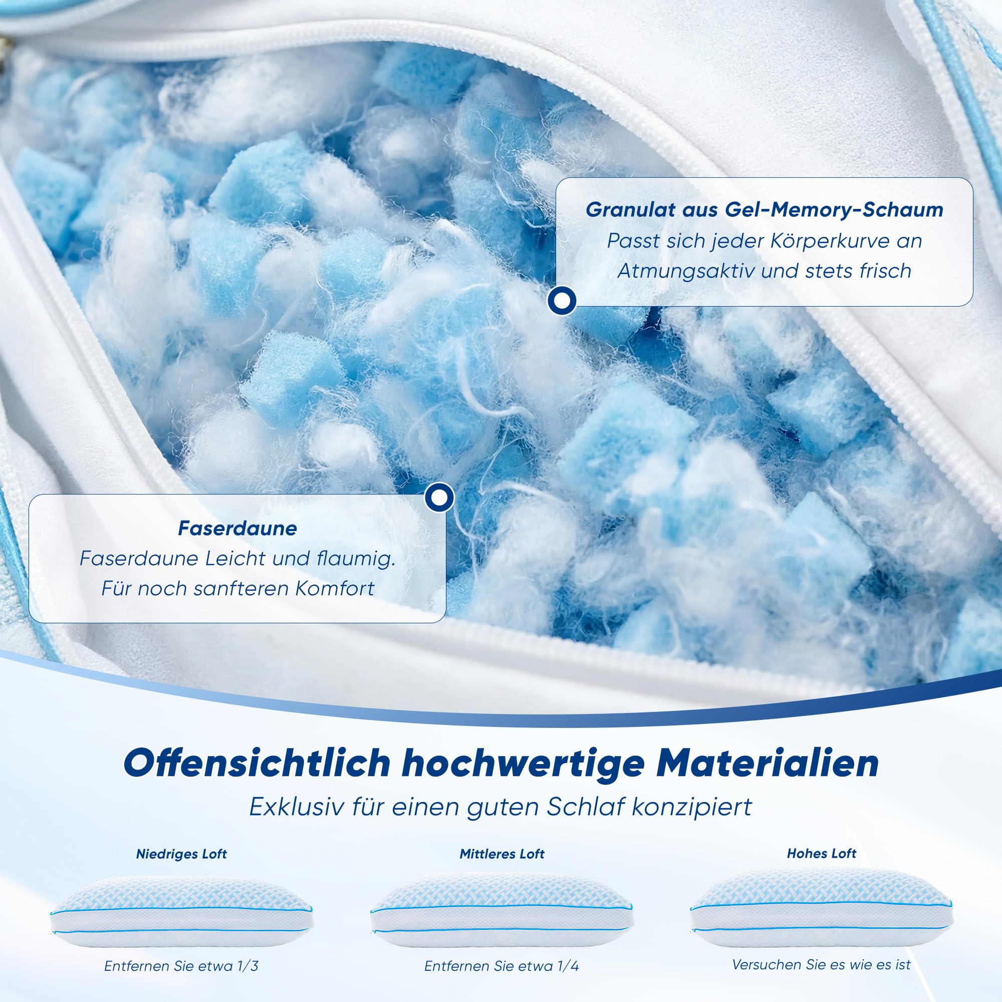 Gel Memory Foam Kissen – Kopfkissen 40x80 （2er Set）mit Höhenverstellung & abnehmbarem Bezug, Temperaturregulierendes Schlafkissen ideal für Seitenschläfer, Rückenschläfer & Bauchschläfer