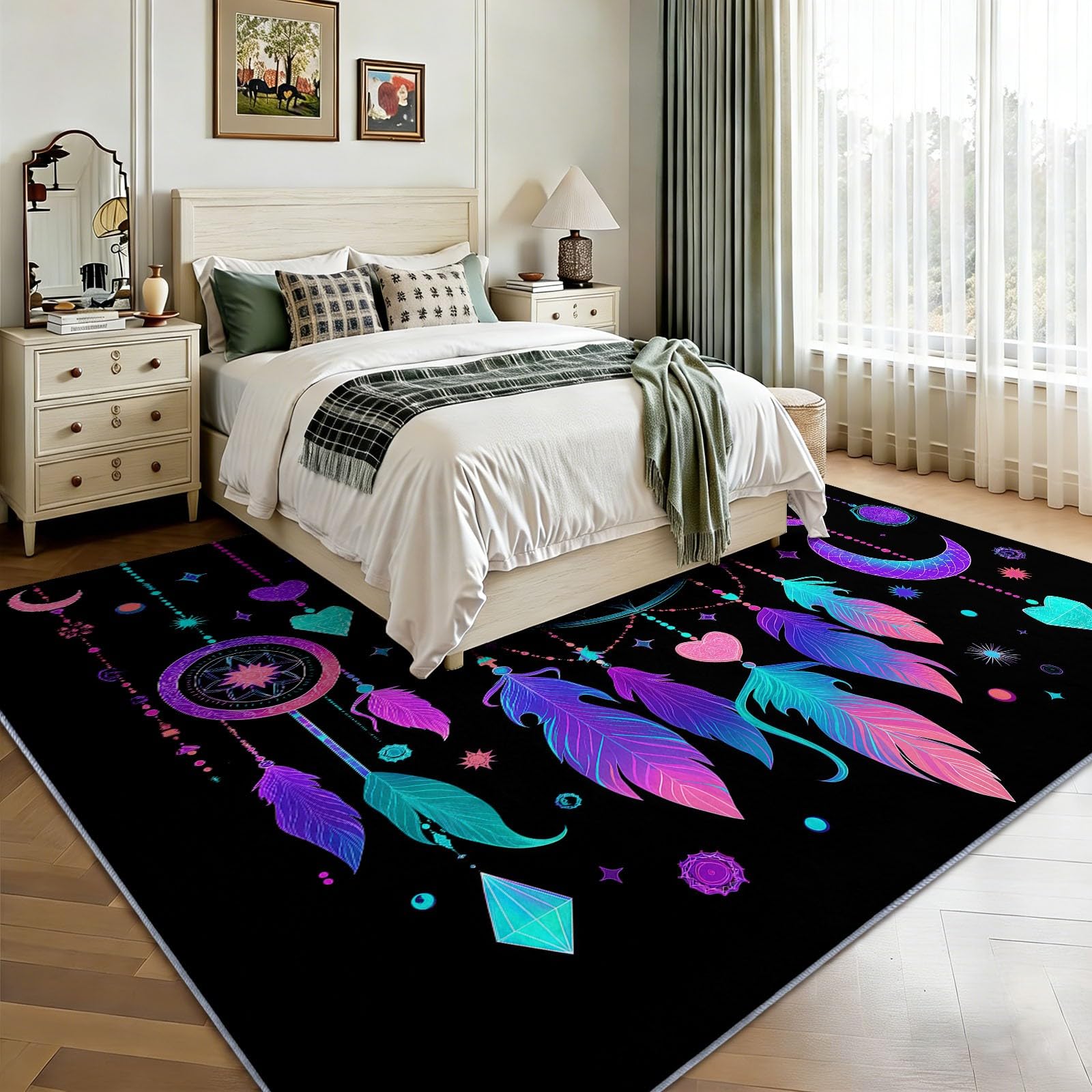 Waschbar Teppich Wohnzimmer 120 x 170 cm, Rutschfester Schwarz Wohnzimmerteppich - Weich Kurzflor Boho Traumhaft Traumfänger Teppiche Matte für Schlafzimmer Esszimmer Home Office Kinderzimmer
