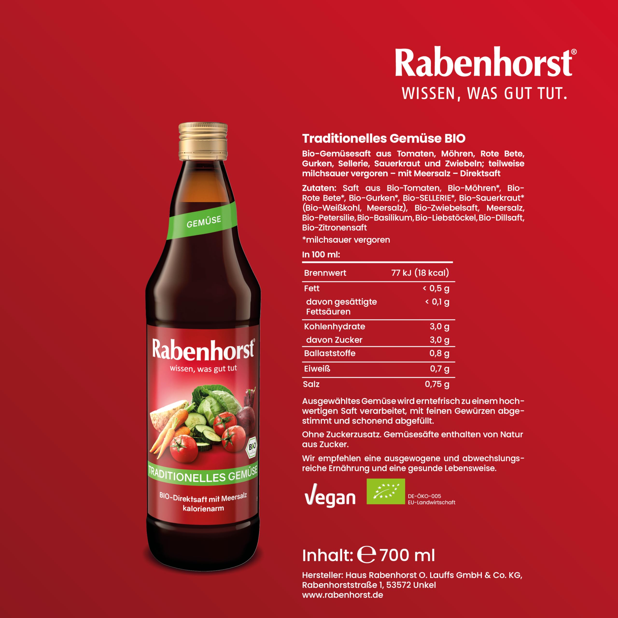 RABENHORST Traditionelles Gemüse BIO 6er Pack (6 x 700ml) | Hochwertiger Gemüsesaft aus verschiedenen Gemüsesorten