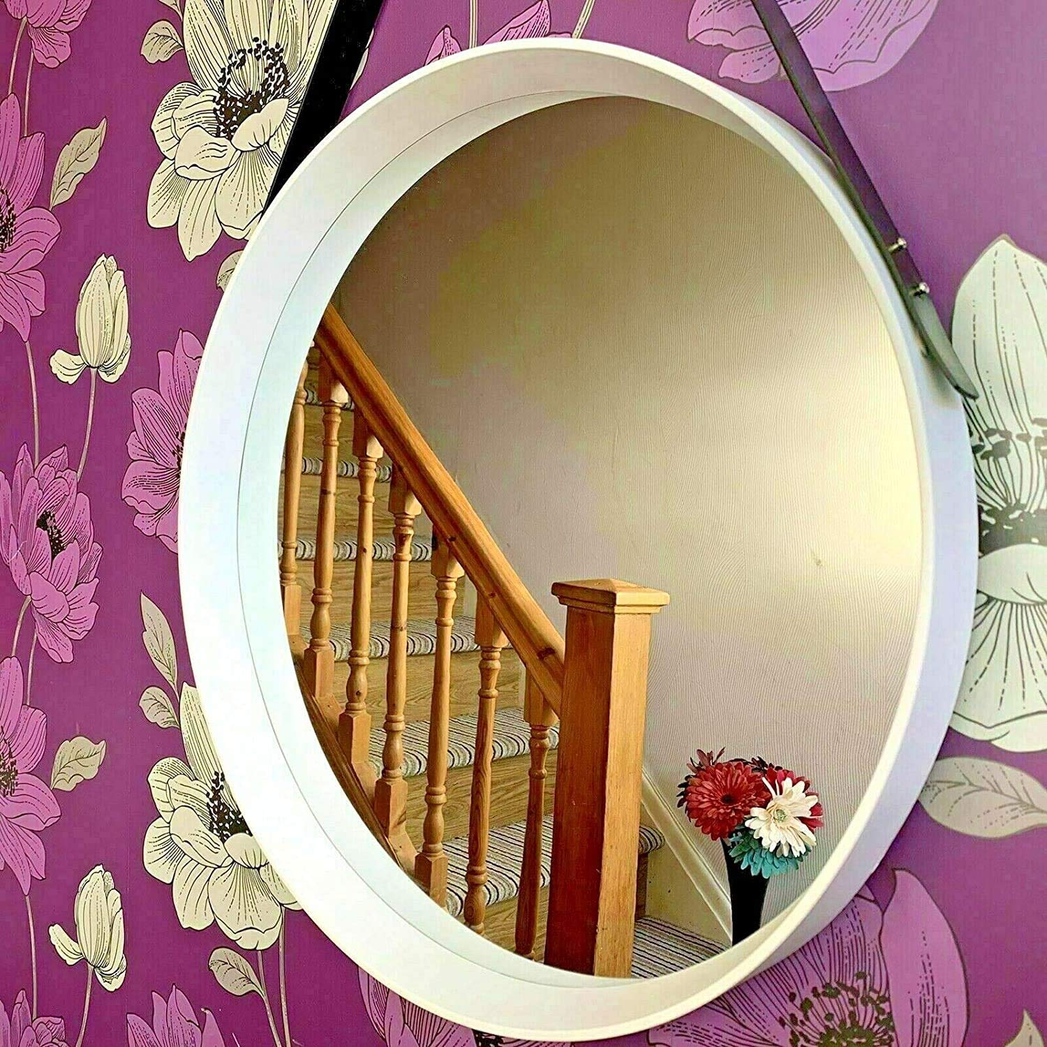 Biznest Large Round Wall Mirror 52Cm White Round Hanging Mirror With Faux Leather Strap