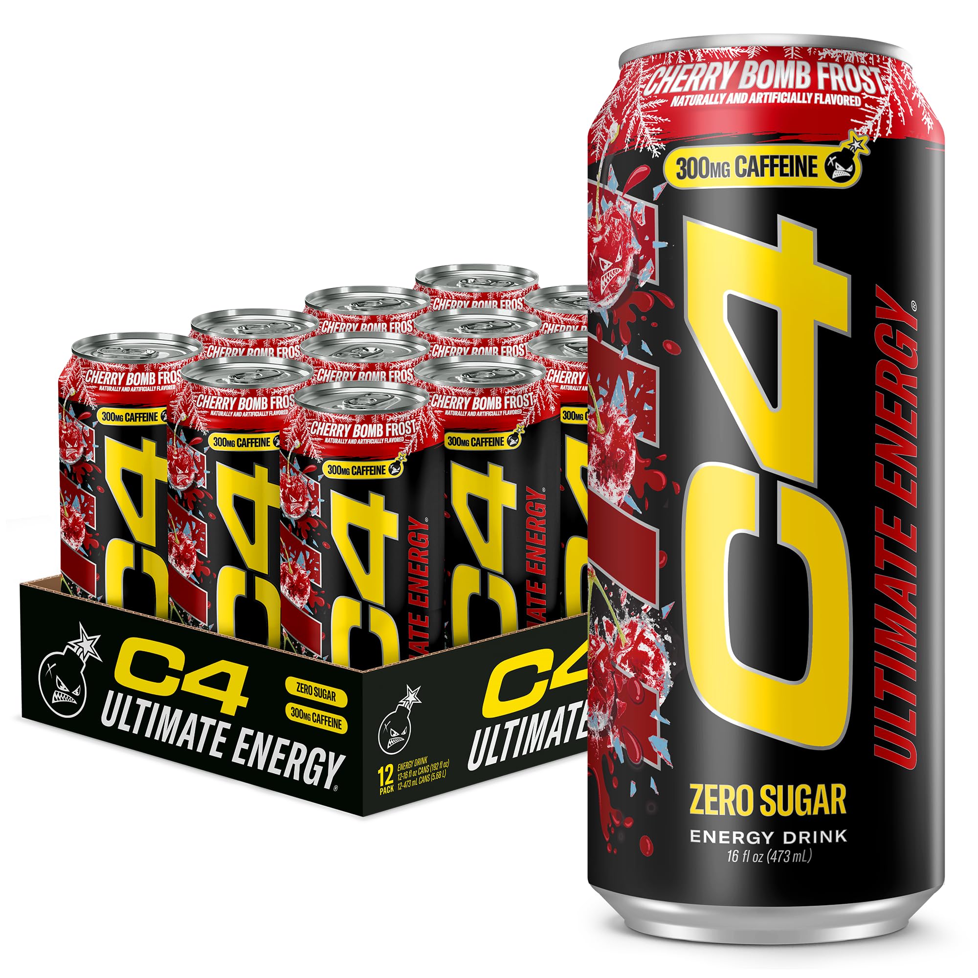C4 Ultimate Energy Drink, 300mg Caffeine, Zero Sugar, High-Performance Energy for Pre-Workout, Endurance, and Focus, Cherry Bomb Frost, 16oz (Pack of 12), Cherry Bomb Frost, 16 Fl Oz (Pack of 12)