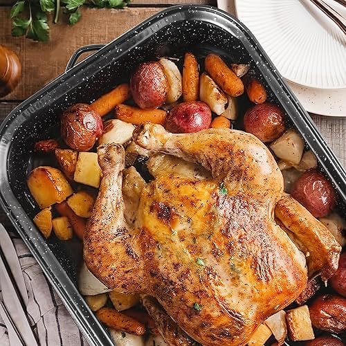 Miniatura 6 de JY COOKMENT Sartén para asar con tapa y estante, rectangular de 21 pies, olla para asar pavo de 25 libras, bandeja grande para horno, estante en V y