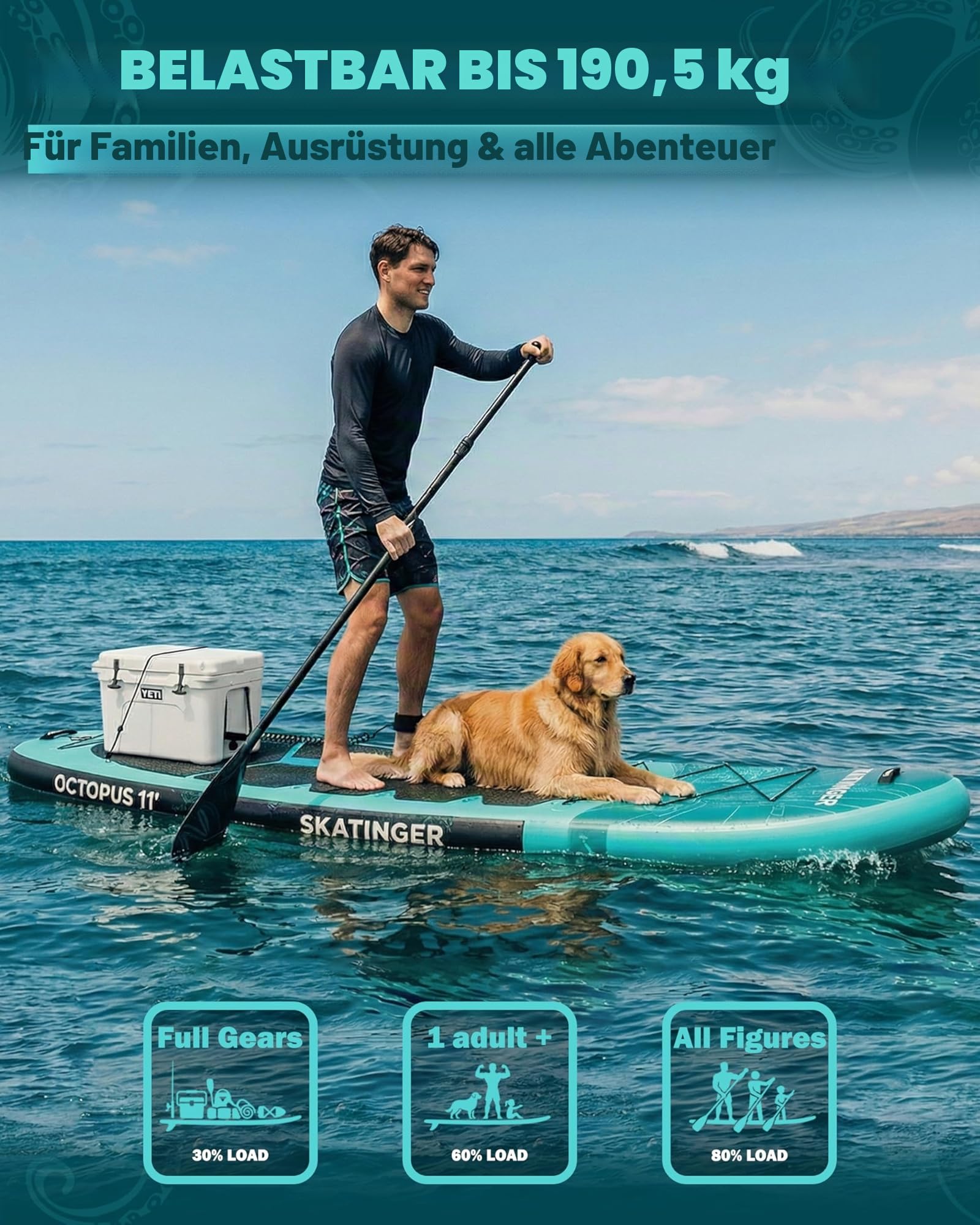 Skatinger 335 x 86,4 cm extra breites aufblasbares Paddelbrett, bis zu 190 kg Stand-Up-Paddle-Boards für Erwachsene, stabiles SUP für 2 Personen/Familie, 3-heiliges Paddel, Schultergurt, US-Finne