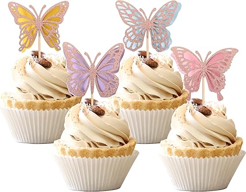 24 adornos de mariposa para cupcakes montados en oro rosa con purpurina de doble capa 3D mariposa para baby shower, cupcakes, decoración para