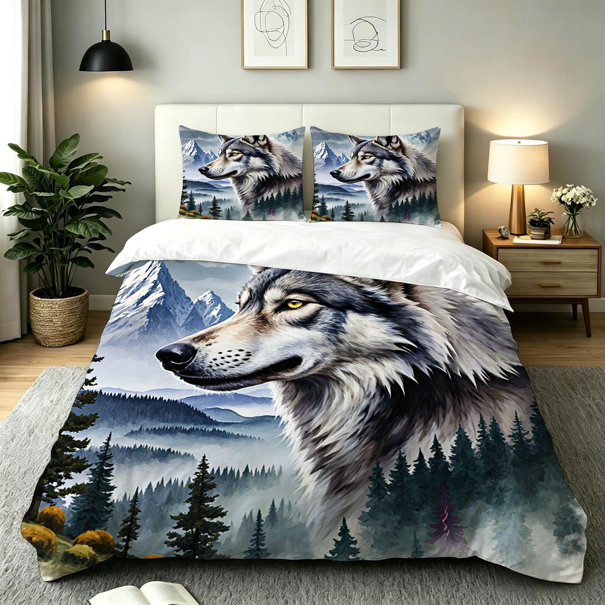 Parure de lit loup 140x200 housse de couette microfibre et taies d'oreiller 65x65 enfant