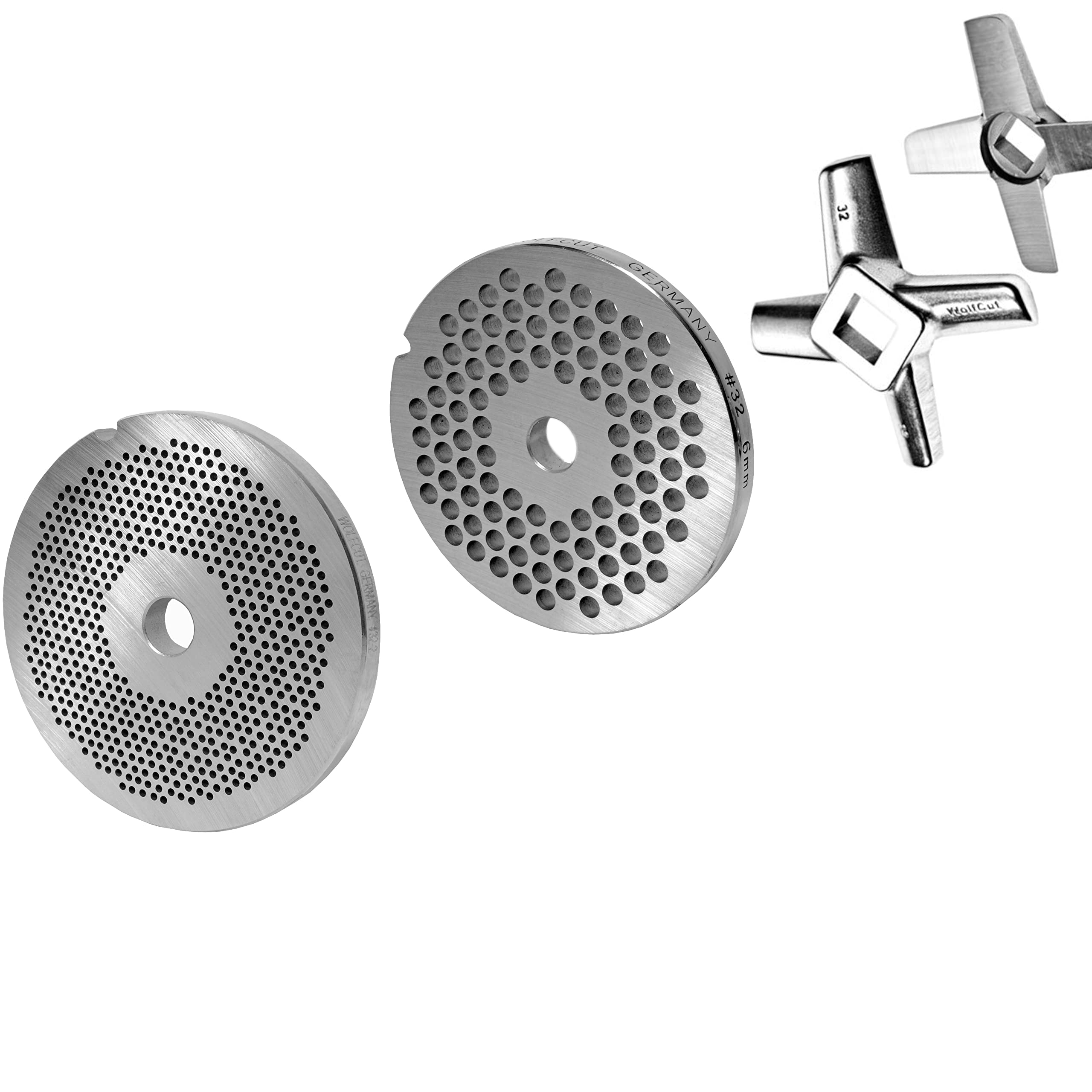 Juego de discos perforados compatibles con picadora de carne de 32/2 mm-6 mm y un cuchillo en cruz plano.