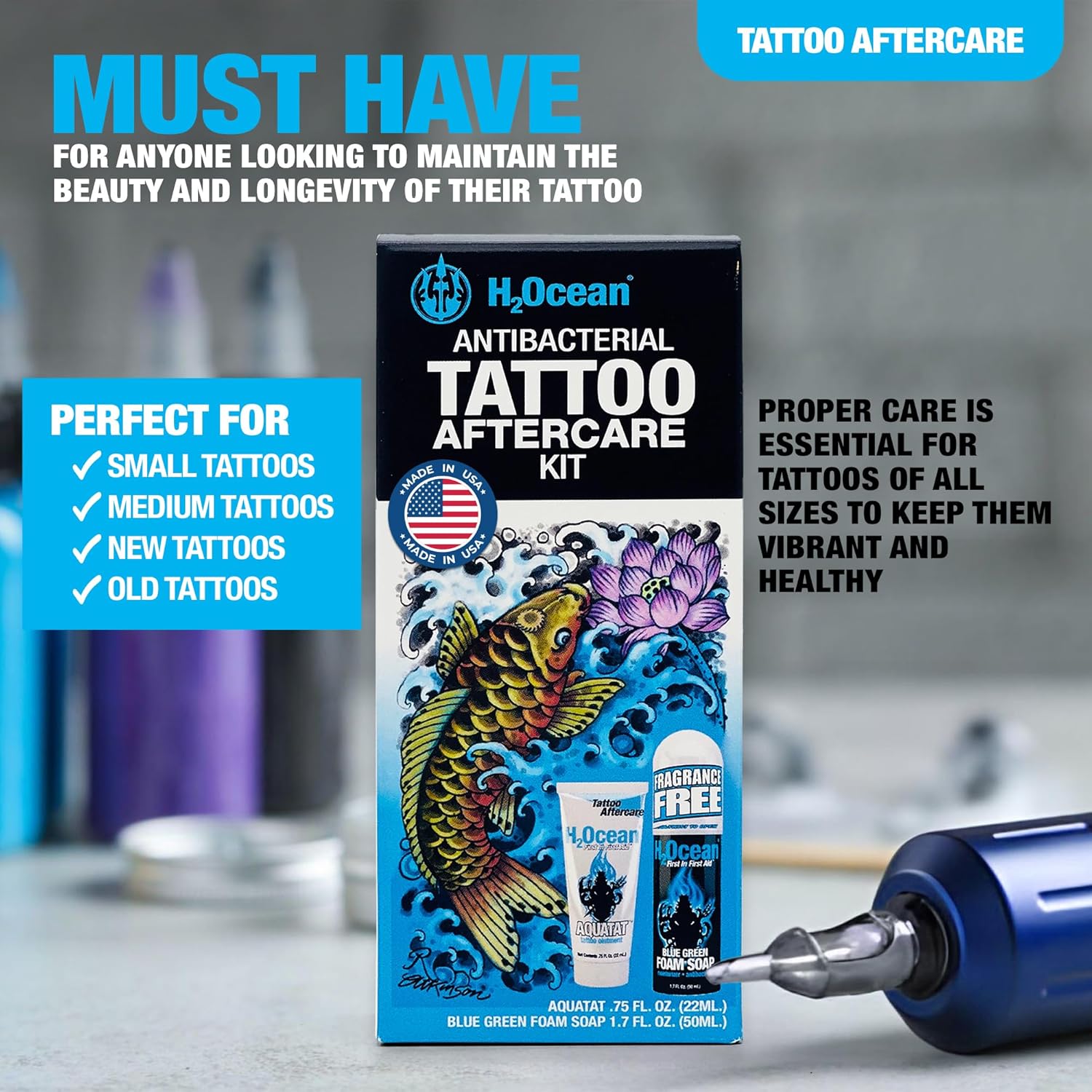 H2Ocean Antibacterial Tattoo Aftercare Kit-Blue Green Foam Soap(1.7 oz)&Aquatat Healing Ointment(0.75 oz)-For New & Old Tattoos-Moisturizing Natural Aloe Vera-Fragrance & Dye-Free Made in USA - Image 5