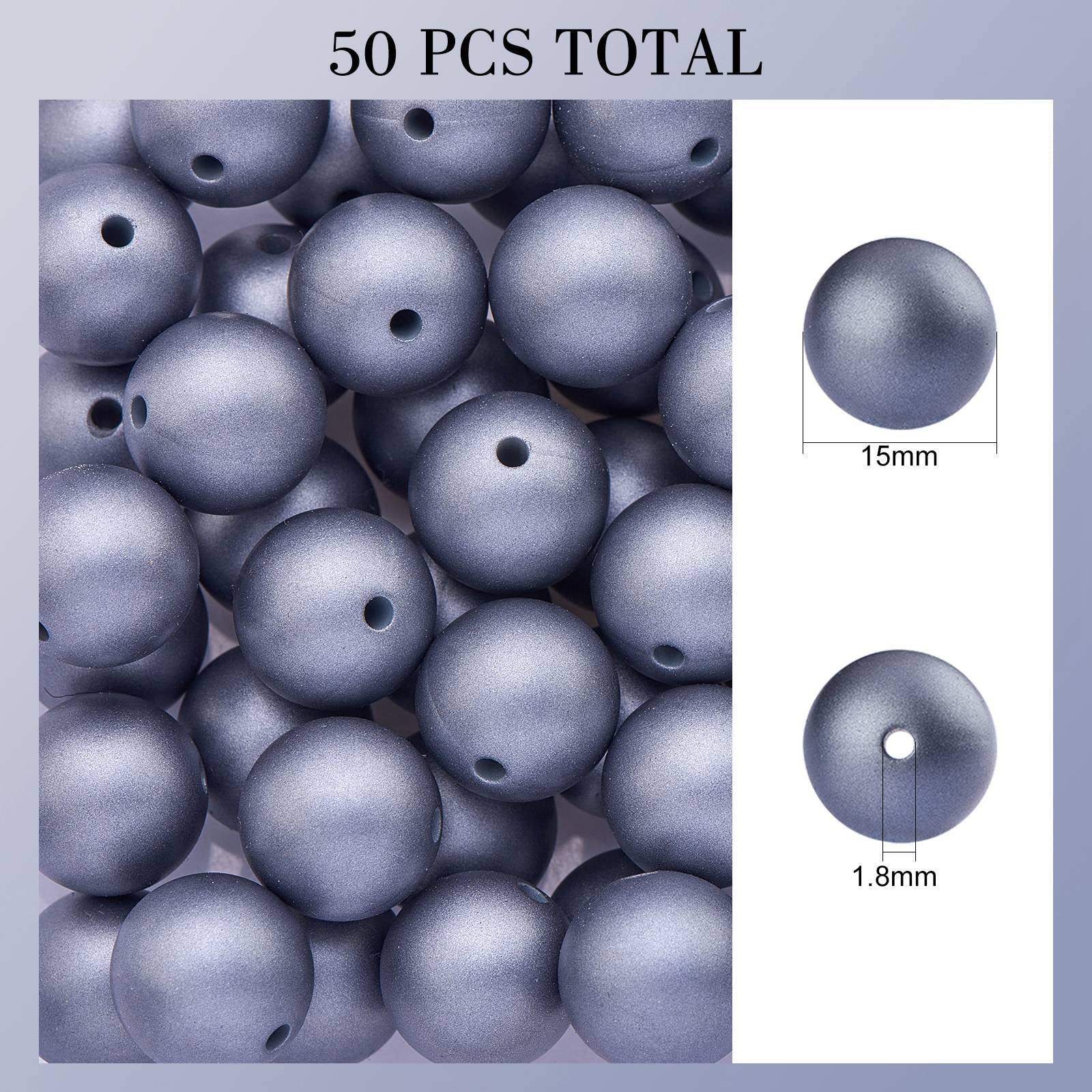 BEEFLYING 50 Pieces Silicone Beads 15mm Round Rubber Focal Bead Loose Spacer Beads for Keychain Making Pen Bracelet Necklace Jewelry DIY Craft (Slate Blue) - Image 2