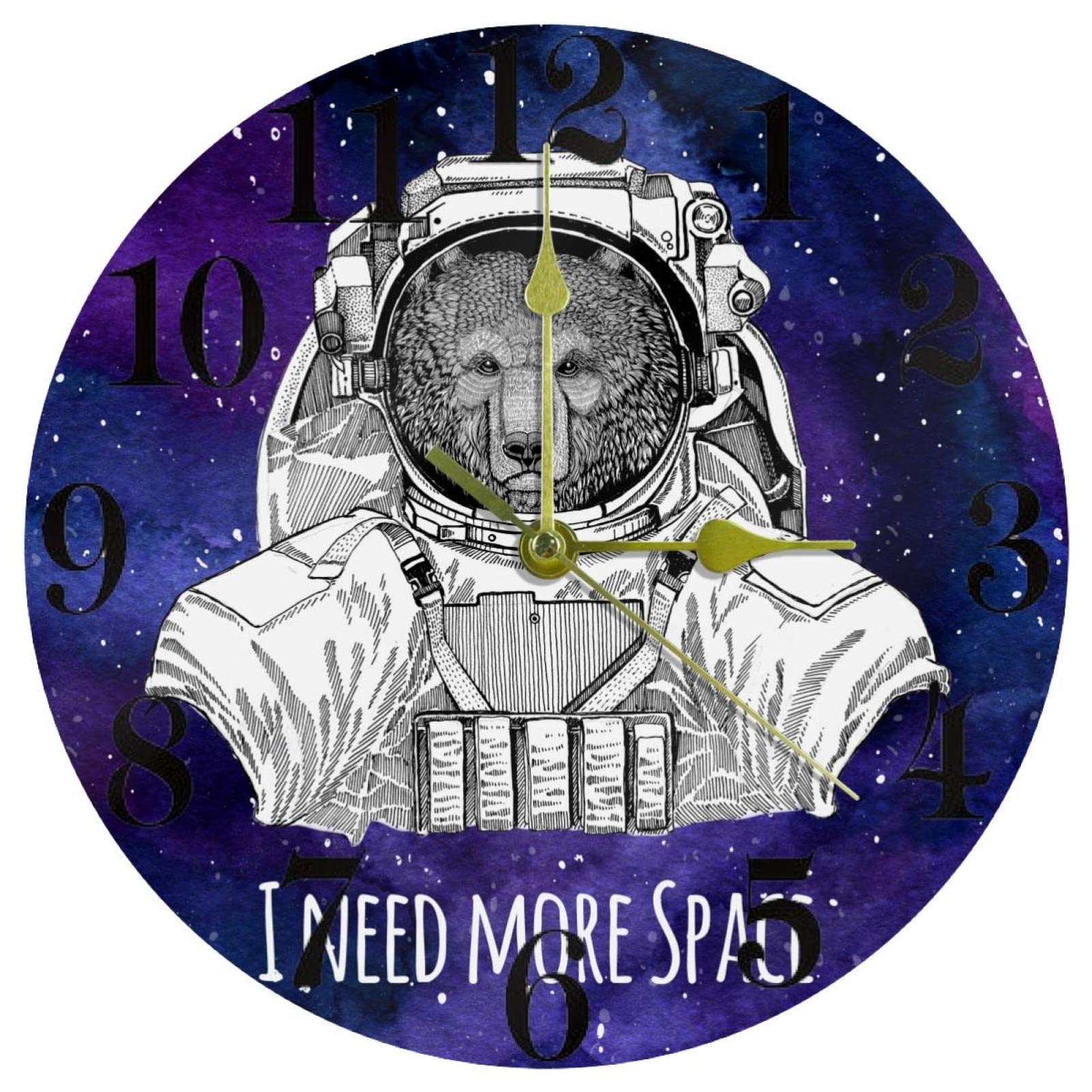 Horloge murale silencieuse à quartz, motif Ours Astronaute pour chambre et bureau.