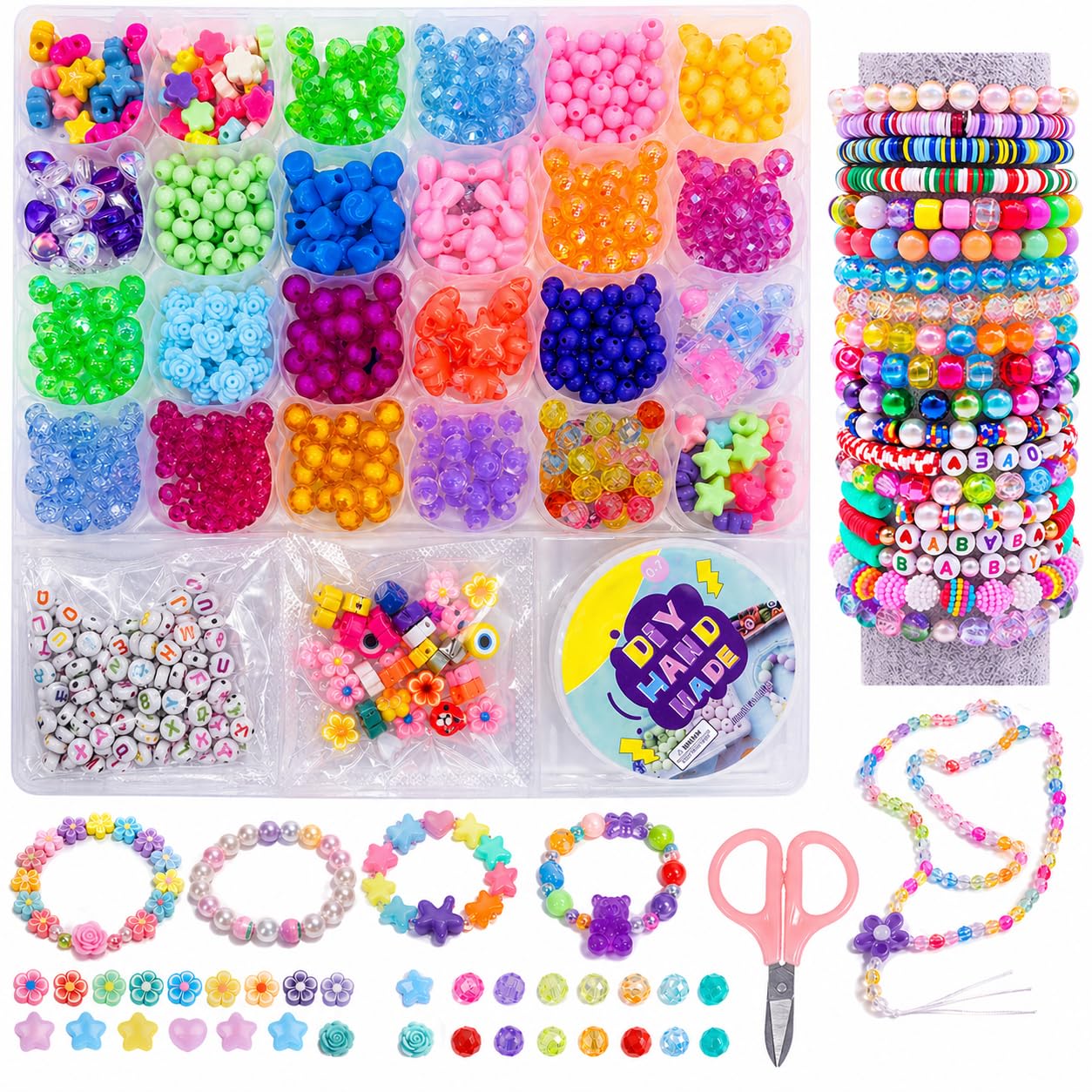 Maiskien Girls Pinkish White Bracelet Making Kit, Beads For Bracelet Making 26 Types Beads, Clay Beads, Glass Bead, And Letter Beads For Friendship Bracelets, Necklace Gift