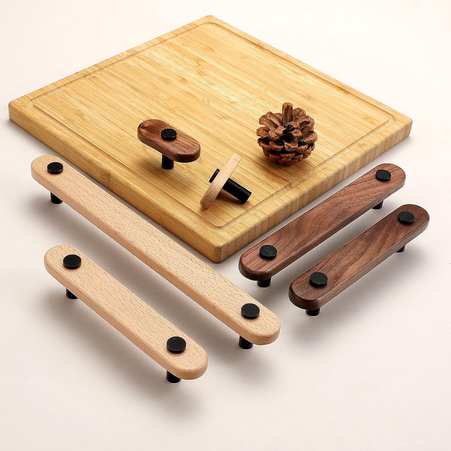 4 Pcs Beech 7.56 in Wooden Rounded Drawer Door Pull Black Aluminum Alloy Base Kitchen Cabinet Handles