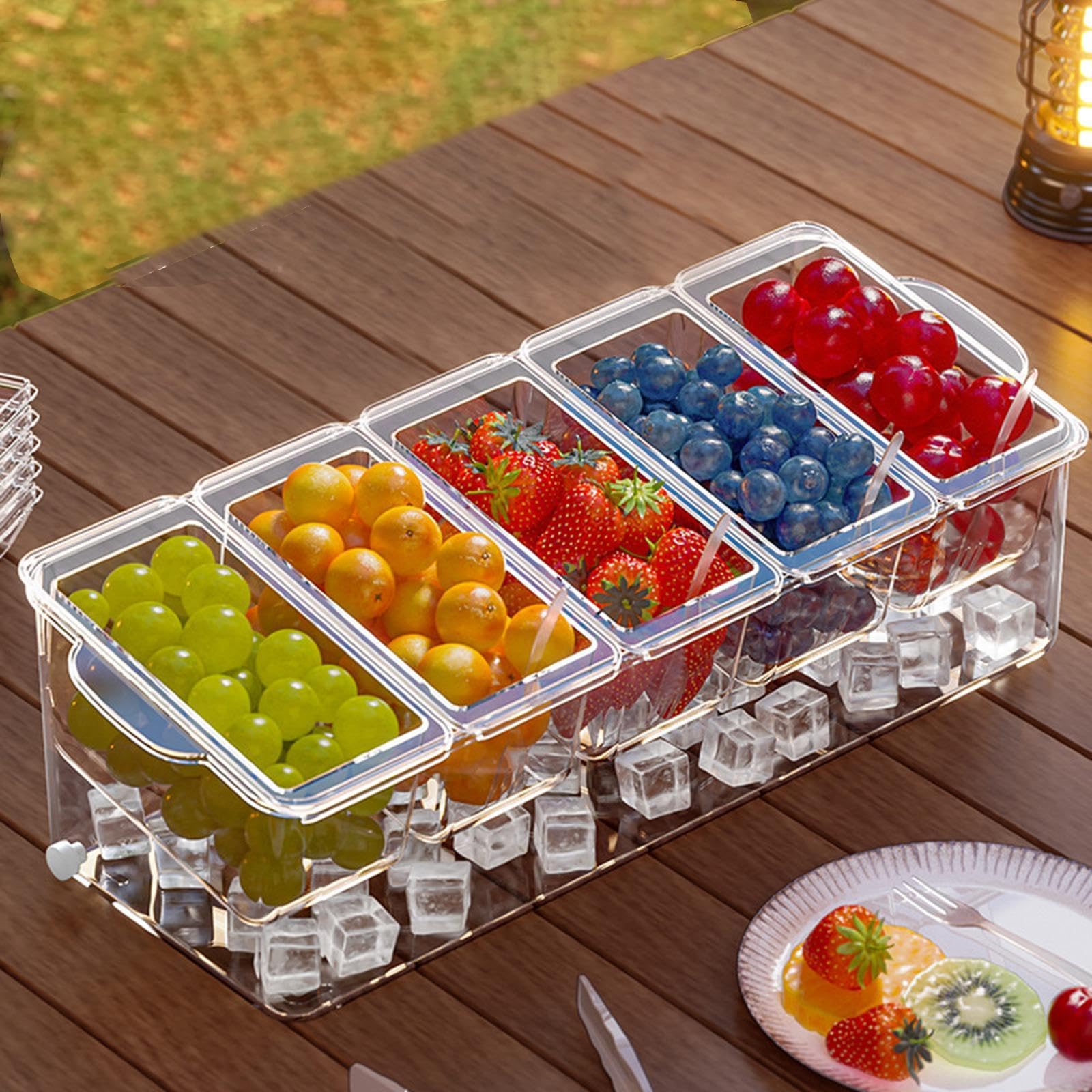 Servidor de Condimentos Refrigerado con 5 Compartimentos, Recipiente para Condimentos, Bandeja para Ensaladas