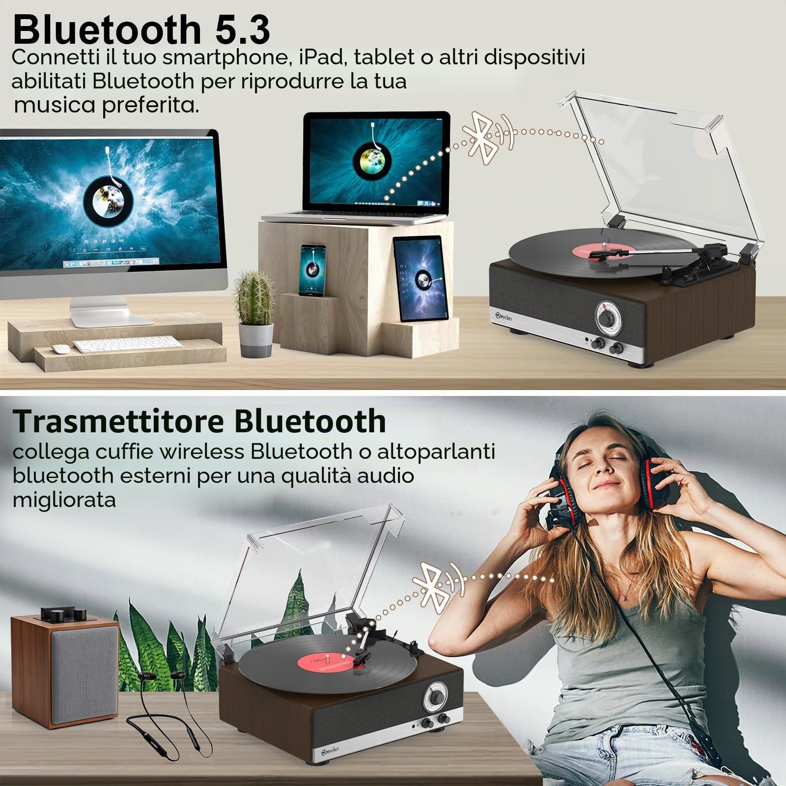 Mycket Giradischi in vinile Bluetooth 5.3 con altoparlanti integrati, vintage, giradischi con 3 marce, 33/45/78 U,AM/FM, trasmettitore Bluetooth, RCA Out, Auto-Stop