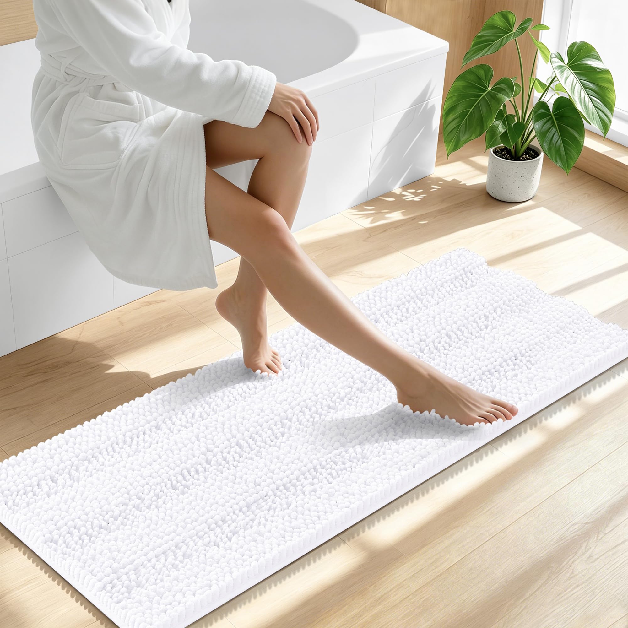 Smiry Thick Chenille Bathroom Runner Rugs 47x17, Absorbent Bath Mat, White