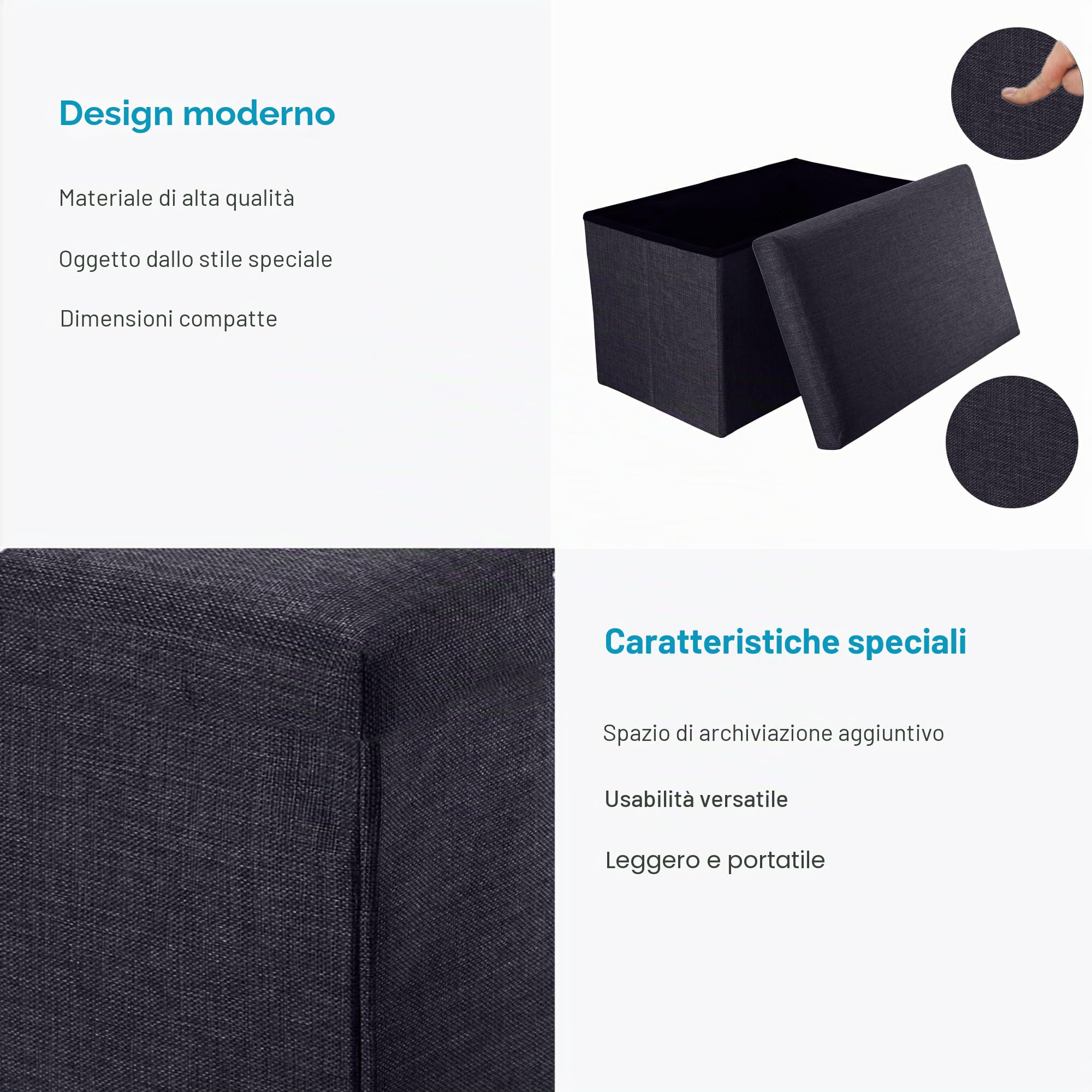 INTIRILIFE Panca pieghevole 49x30x30cm in BLACK - Cubo di seduta in tessuto con vano portaoggetti e coperchio in look lino - Cubo di seduta poggiapiedi pieghevole con cassetto portaoggetti - Sgabello