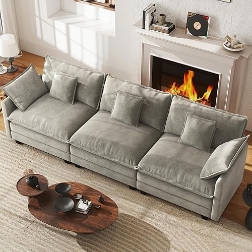 WorthFurni 111.4” Cloud Couch, Modular Sectional Sofa, Comfy Modern 3-Seater Couches with Pillows & Upholstered Deep Seat Cushion for Apartment Living Room Bedroom （Grey）