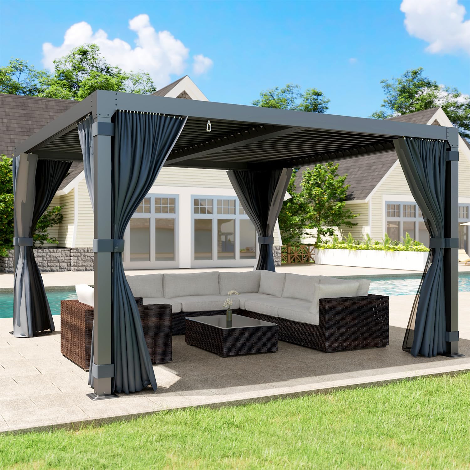 UPHYB Louvered Pergola 10x10ft, Adjustable Aluminum Pergola with Waterproof Curtains and Nets, Sun & Rain Shade for Patio, Modern DIY Outdoor Living