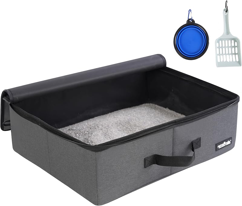 apollo walker Portable Cat Litter Box with Waterproof Bag and Lid，Gray | With large space,removable easy-clean liner,hard base.Prevent litter scatter,odor escape.For hotel,car travel,outdoor.