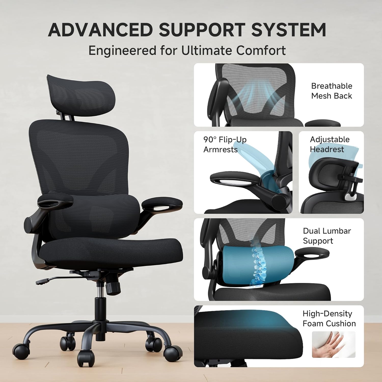 Ergonomic Office Chair, 330LBS Desk Chair with 3-Level Lumbar Support & Headrest, Breathable Mesh Backrest, Flip-Up Armrests for Home Office and Gaming, Black - Image 9