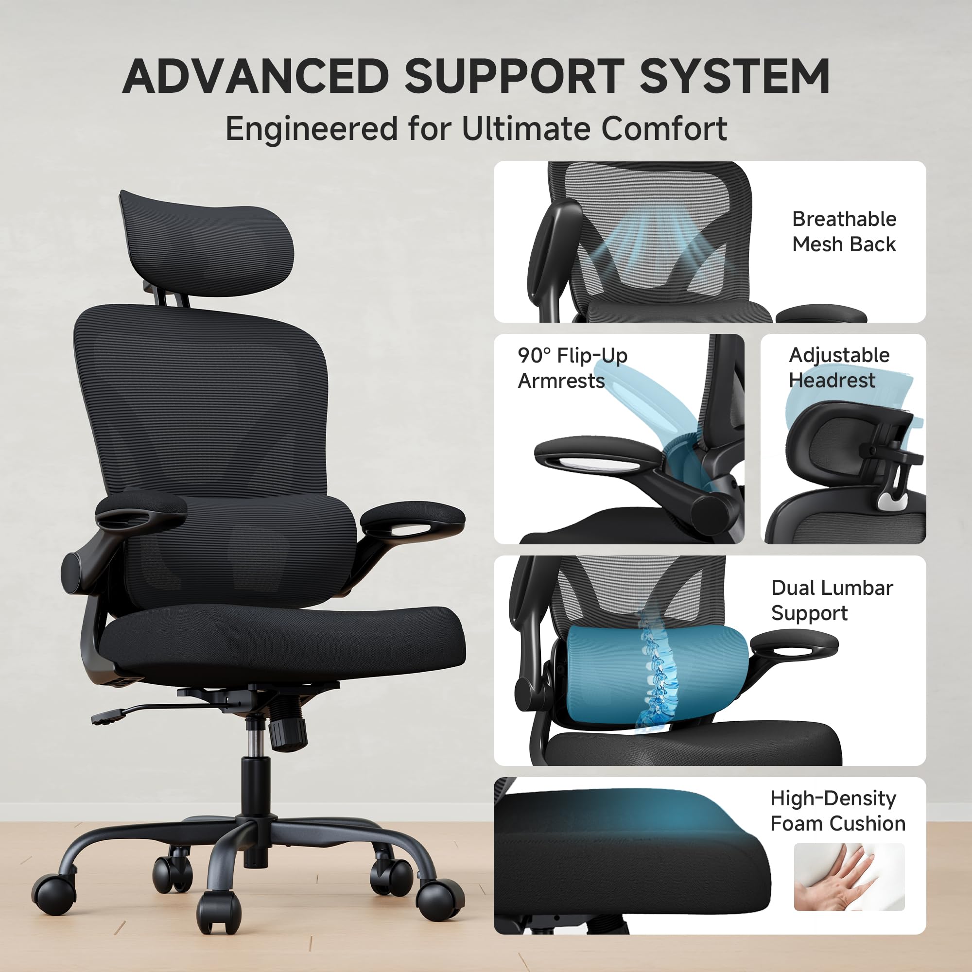 Ergonomic Desk Chair with Adjustable Lumbar Support & Headrest, 330 LBS High Back Mesh Office Chair with Adjustable Armrest for Long Hours, Executive Large Computer Chair, Black