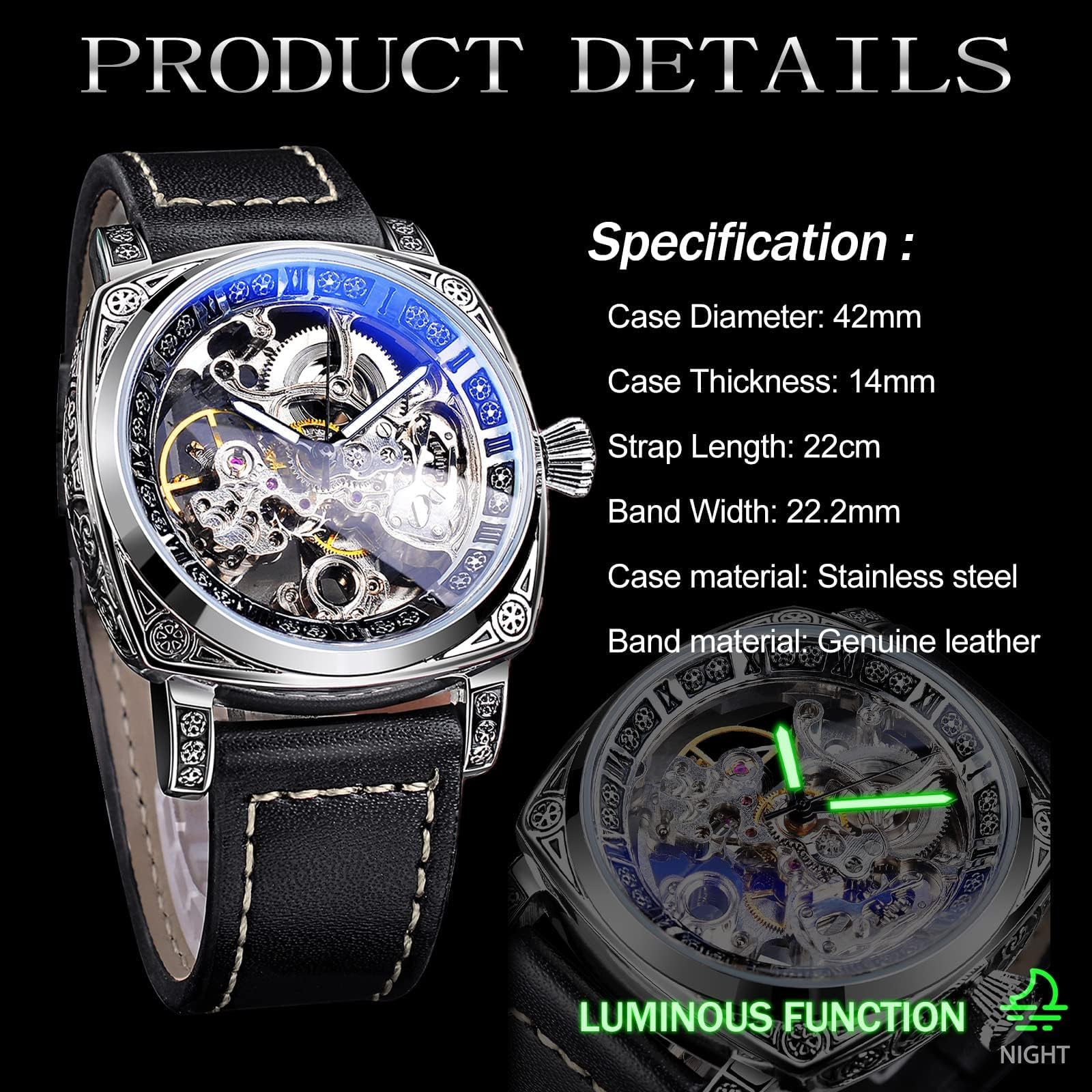 Reloj mecánico retro cuadrado de lujo para hombre, magnífico esqueleto hueco tallado automático relojes vintage correa de cuero reloj de pulsera plateado Dail correa negra, plateado, 6