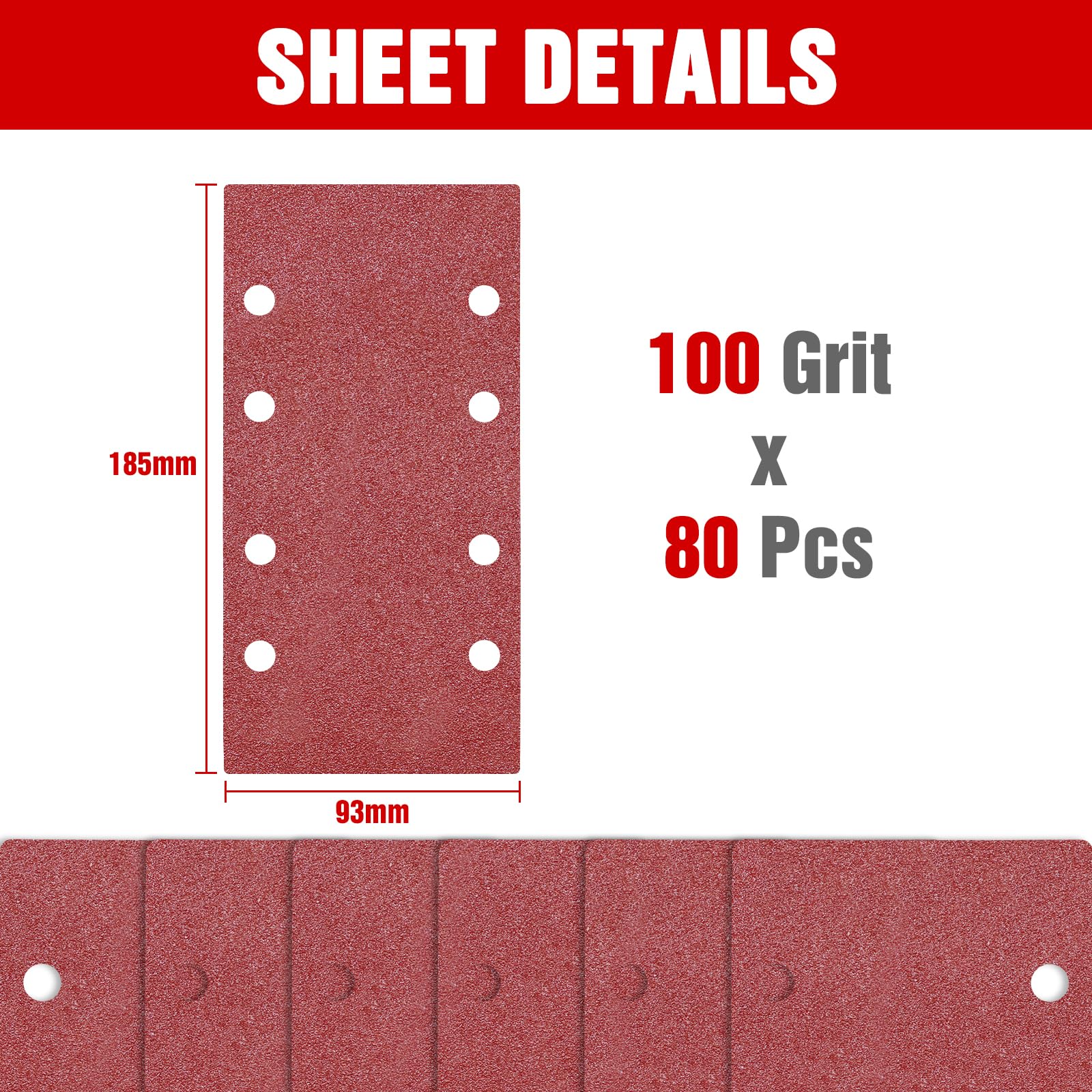 80PCS 93x185 mm Sanding Sheet P100 Sandpaper 8 Holes for 1/3 Sheet Finishing Sander, Red - Image 2