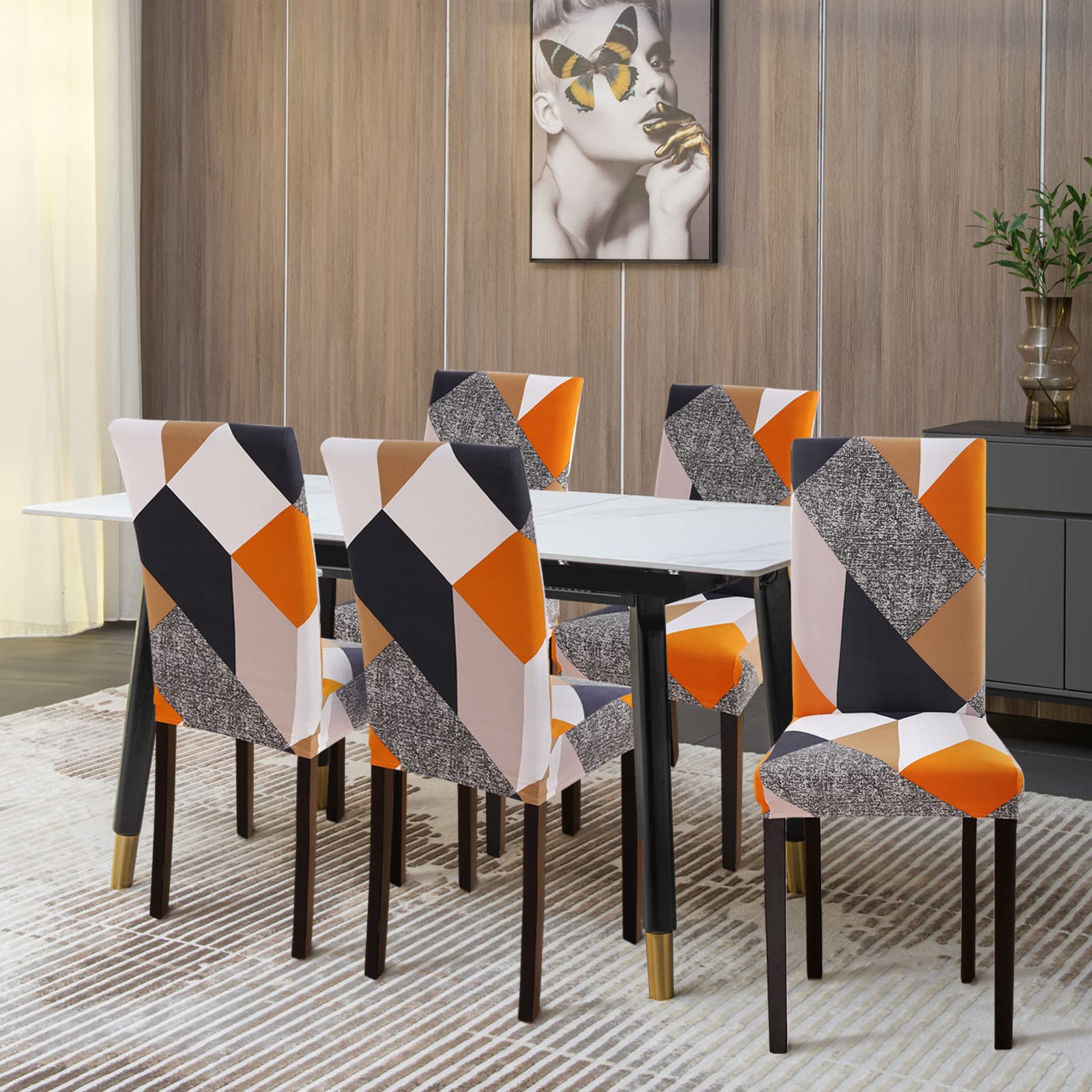 Jaotto Coprisedie con Schienale Impermeabile 6 Pezzi,Fodere Coprisedia Elasticizzati con Schienale per Sala da Pranzo, Moderna Vestisedia Lavabile Estraibile per Cucina(Geometria Arancione,6 Pezzi)