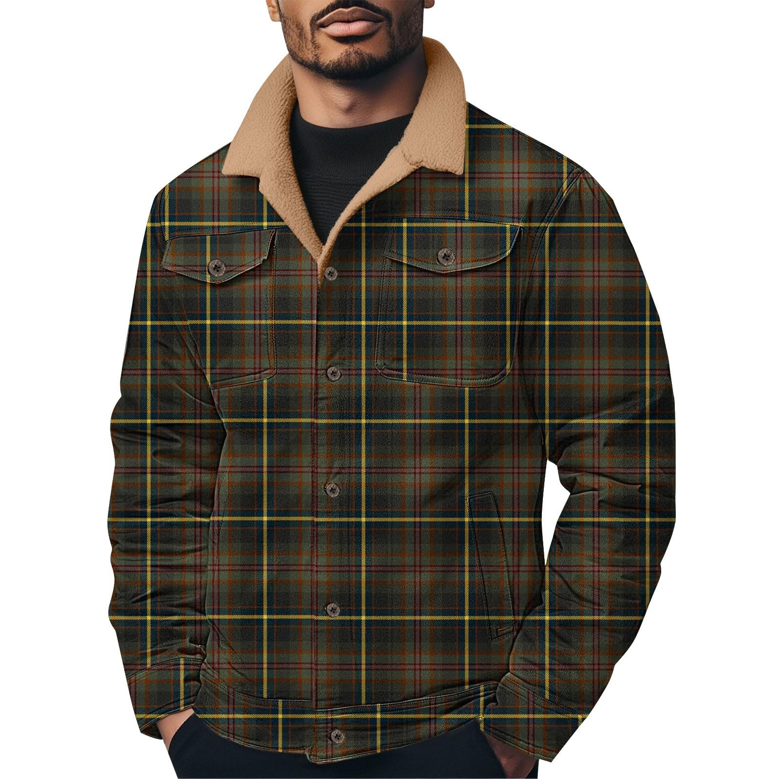Herren Hemd Fleece, Warm Winter Langarmhemd, Hemdjacke, Button Down, mit Taschen, Freizeithemd, Herren Jacke, Umlegekragen Freizeithemd