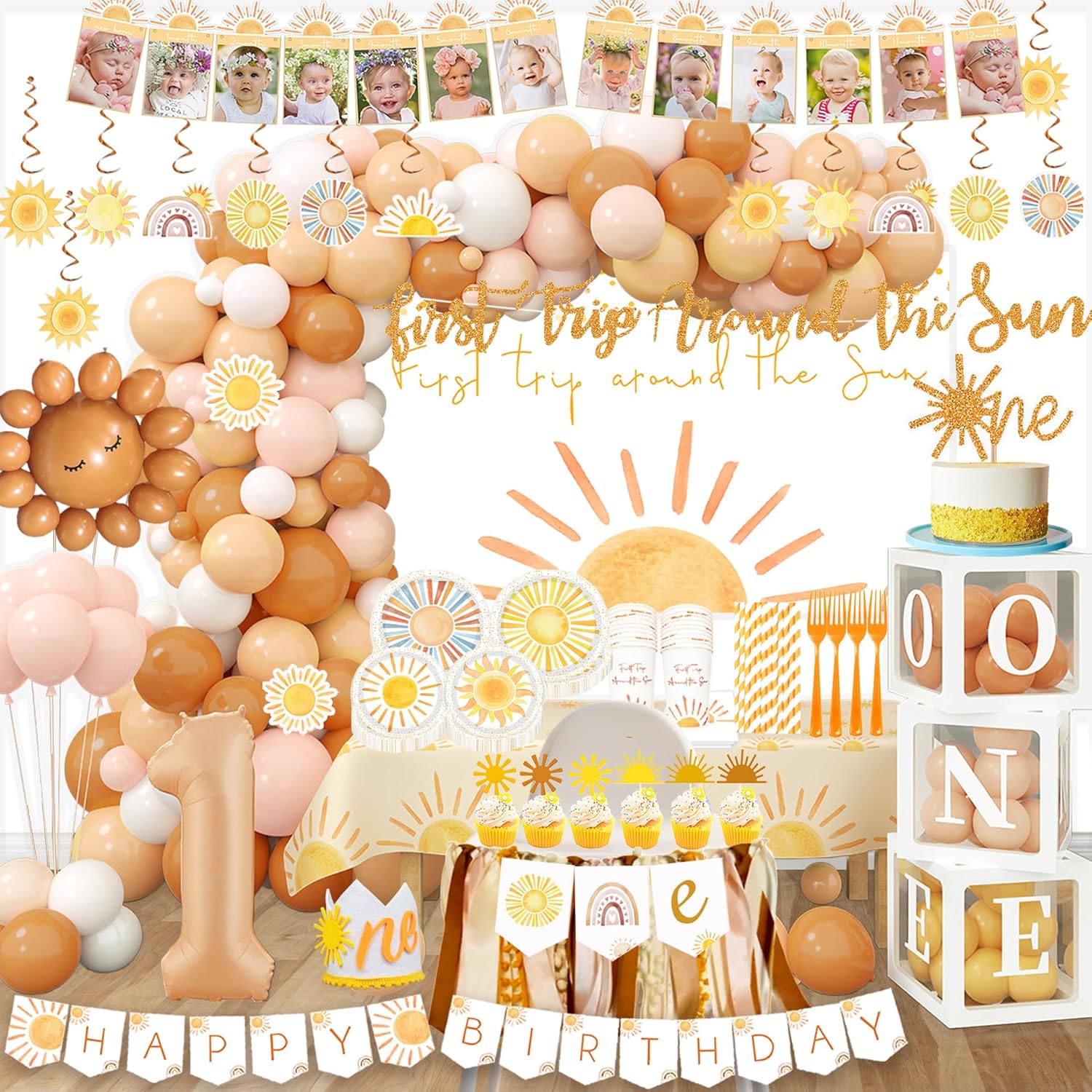 First Trip Around the Sun Birthday Decorations Boho Sun Hippie 1st Birthday Party Supplies include Highchair Photo Banner Backdrop Tableware Set Balloon Boxes Cake Cupcake Toppers Balloon Arch Crown