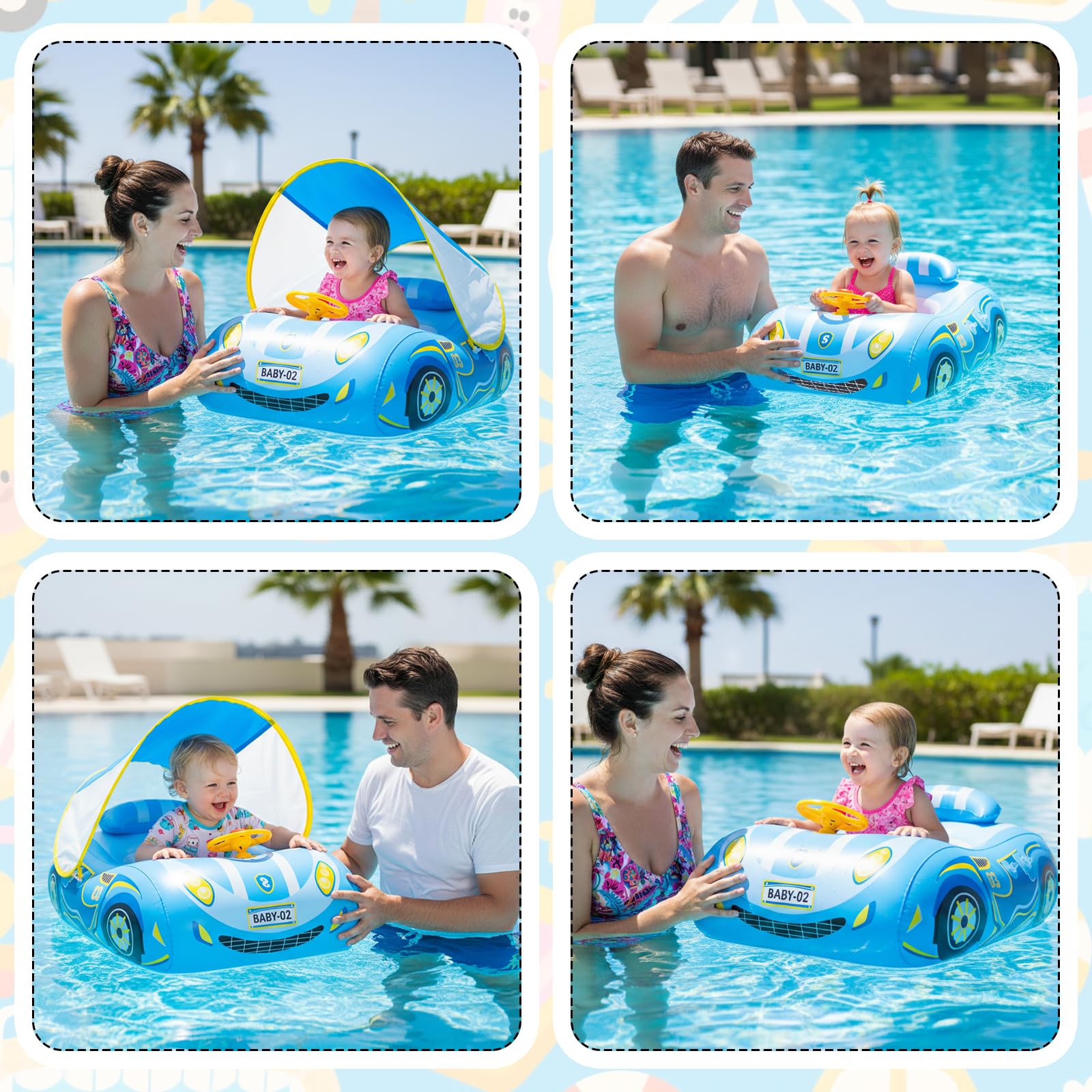 Salvagente Neonato con Parasole Spf 50+ con Tendalino Rimovibile Regolabile Sedile per Nuoto Piscina per Bambini Gonfiabile per Nuoto a Forma Aiuto per il Nuoto 18-48 Mesi Piscina Neonato