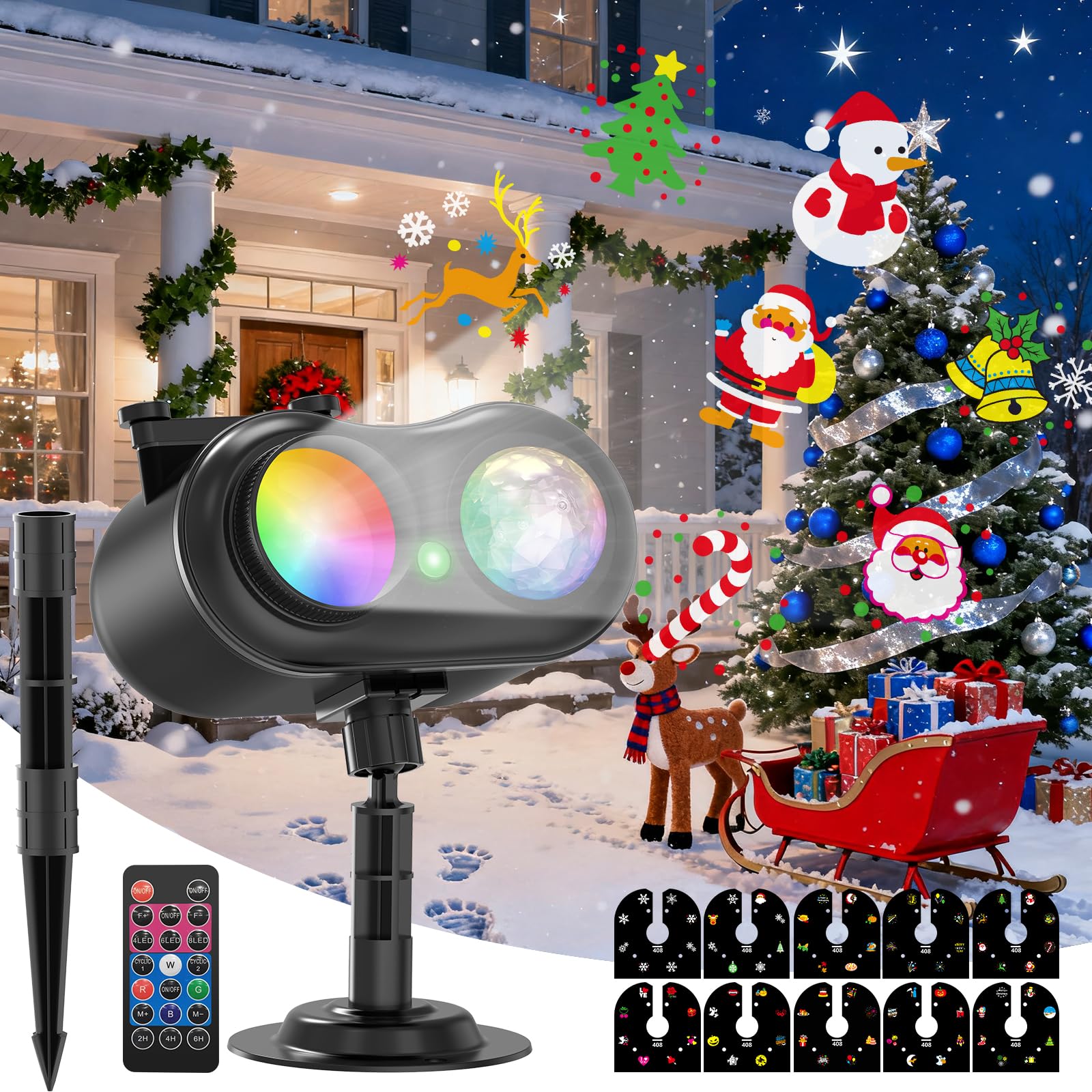 Projektor Weihnachten Außen,Doppelter Kopf Dynamische Led Schneeflocken Weihnachtsprojektor Outdoor,mit 80 Meereswellen-Effekten,Fernbedienung Timer,für Garten,Wand,Hofparty Weihnachtsdeko