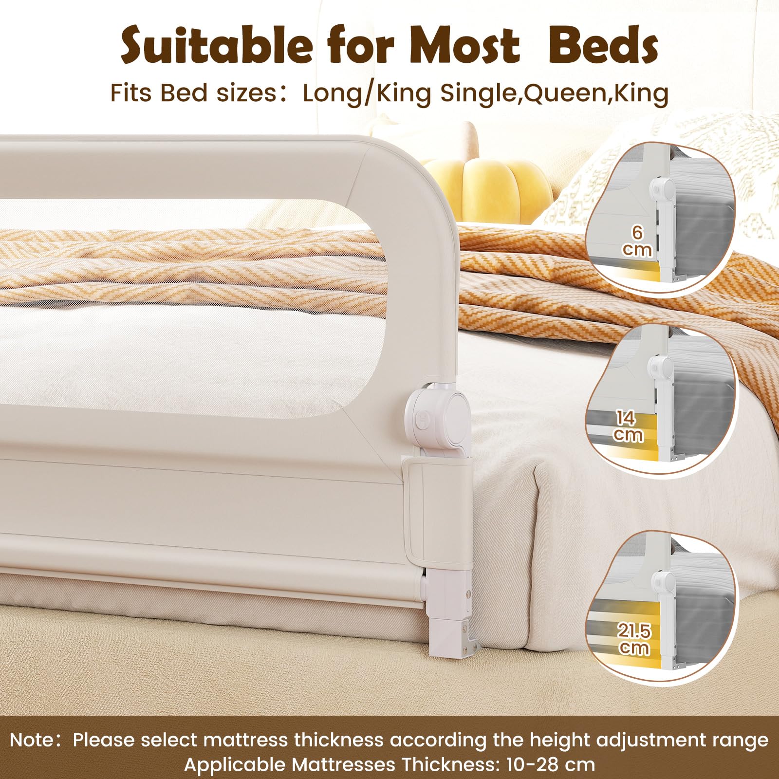 FANTASK Bettgitter klappbar, Kinderschutzgitter mit U-förmigem Gestell & Gurt, Bettschutzgitter mit abnehmbarem Oxford-Bezug, Rausfallschutz für Kinderbett Elternbett Boxspringbett (Weiß, 180 x 60 cm)