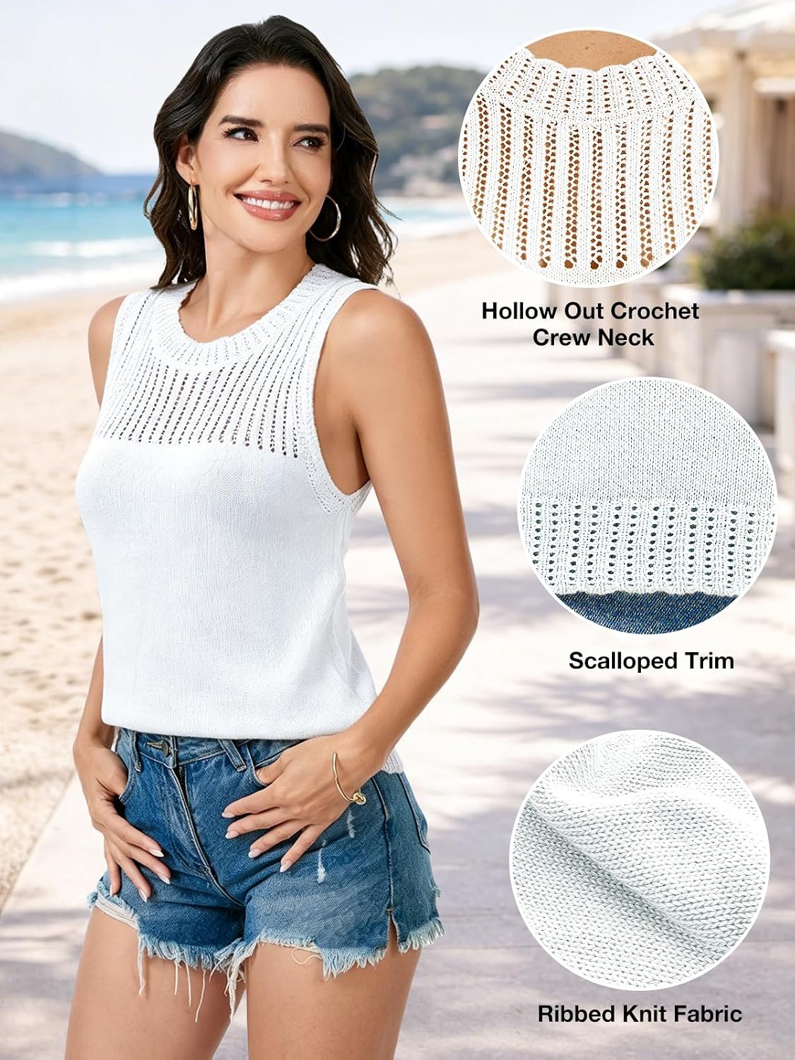 Women's Knit Tank Tops Hollow Out Sleeveless Crochet Top Crewneck Lightweight Sweater Vest Summer Casual Outfits