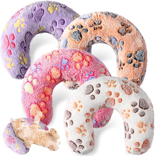 Vista 13 de Sweetude 4 almohadas para gatos, cama de cachorro, suave y esponjoso, juguete calmante para mascotas, medio dona, en forma de U, almohada