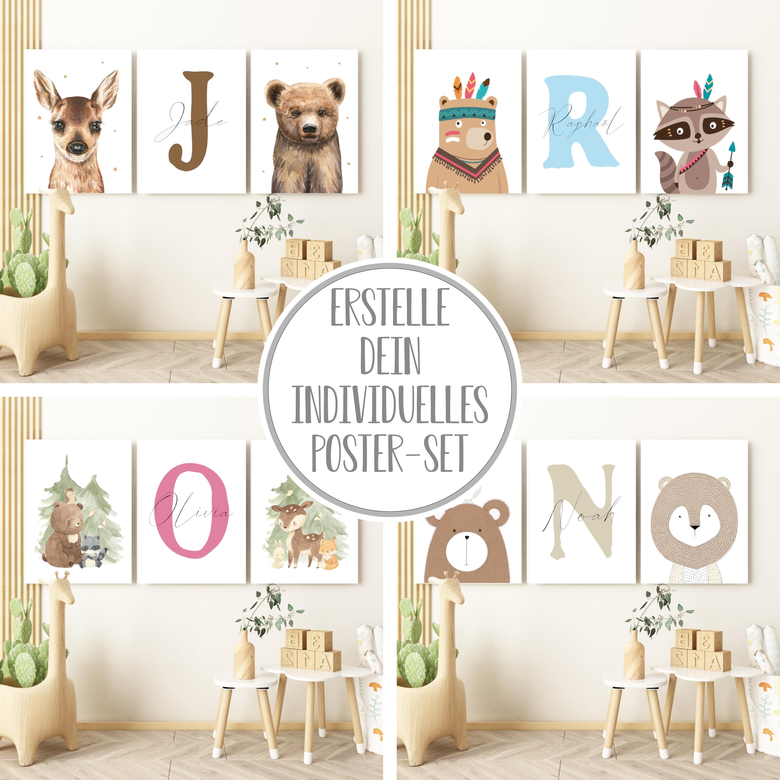 Pandawal® personalisierte Bilder Kinderzimmer Babyzimmer Waldtiere Deko Poster Set 3er Tiere für Kinder Junge I Mädchen mit Name