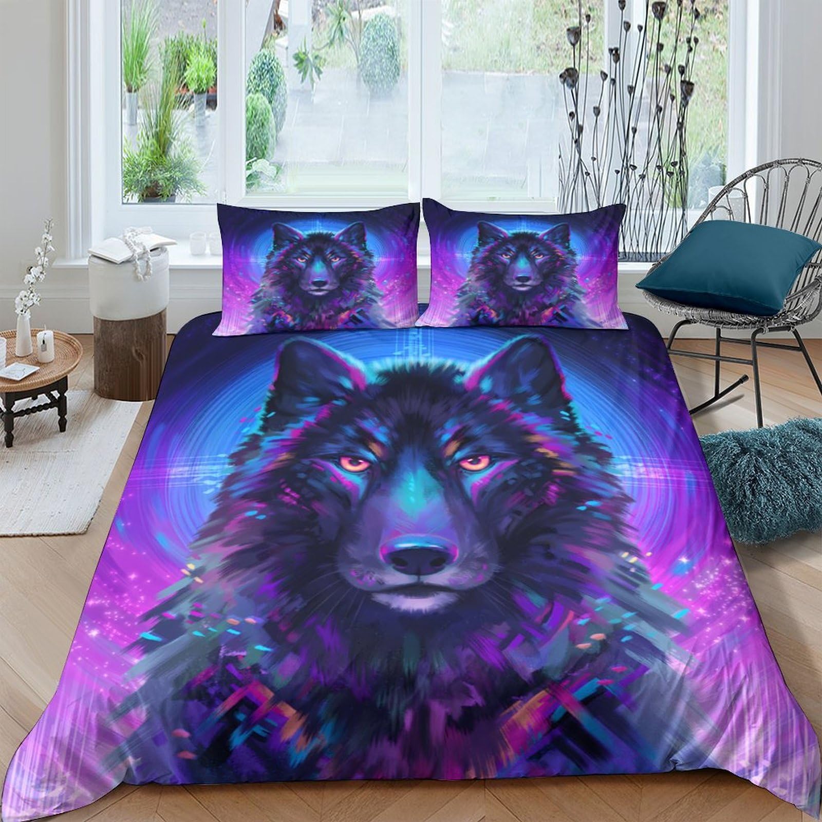 Ctjqhvkz Style-1 3D Printed Neon Wolf Fitted Sheet Microfiber Breathable Abstract Purple Mattress Cover For Bedroom Dorm Decor Single（135X200cm）