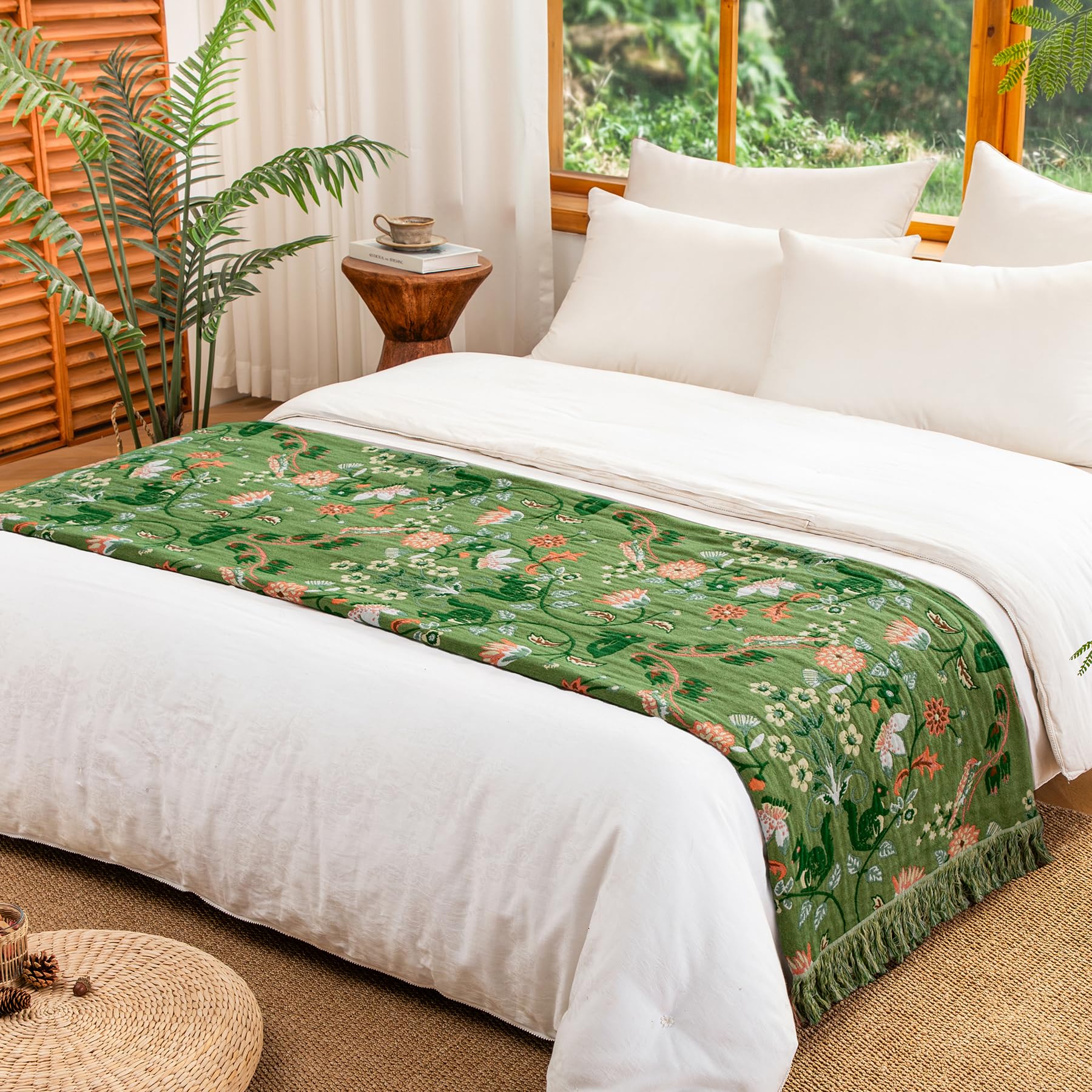 Colcha Boho con Flecos de, 100% algodón, Manta de Muselina Reversible de 150 x 200 cm, Manta Suave y acogedora para sofá y Colcha, Transpirable para salón y Dormitorio, Apta para Todo el año