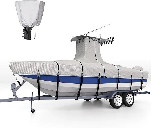 Nukugula Ture 1200D Solution-Dyed T Top Boat Cover 20ft - 22ft with Motor Cover, 100% Waterproof Tear-Resistant with Upgraded 17 Windproof Straps for Center Console Boat with T TOP Roof
