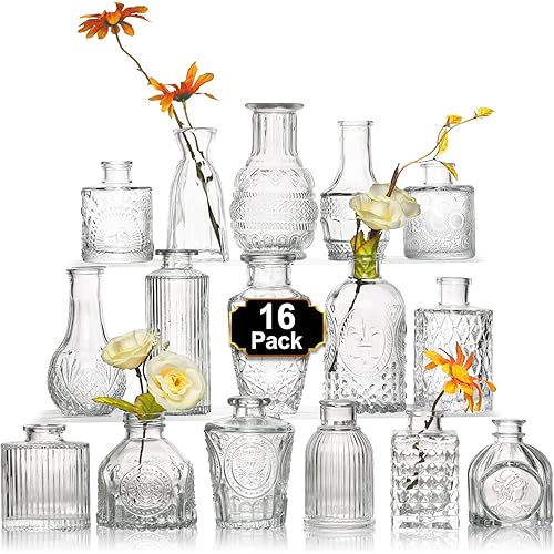 Arme 16Pcs Glass Bud Vase Set，Small Flower Vase for Centerpieces，Clear Bud Vases in Bulk， Mini Vintage Vase for Rustic Wedding Decorations