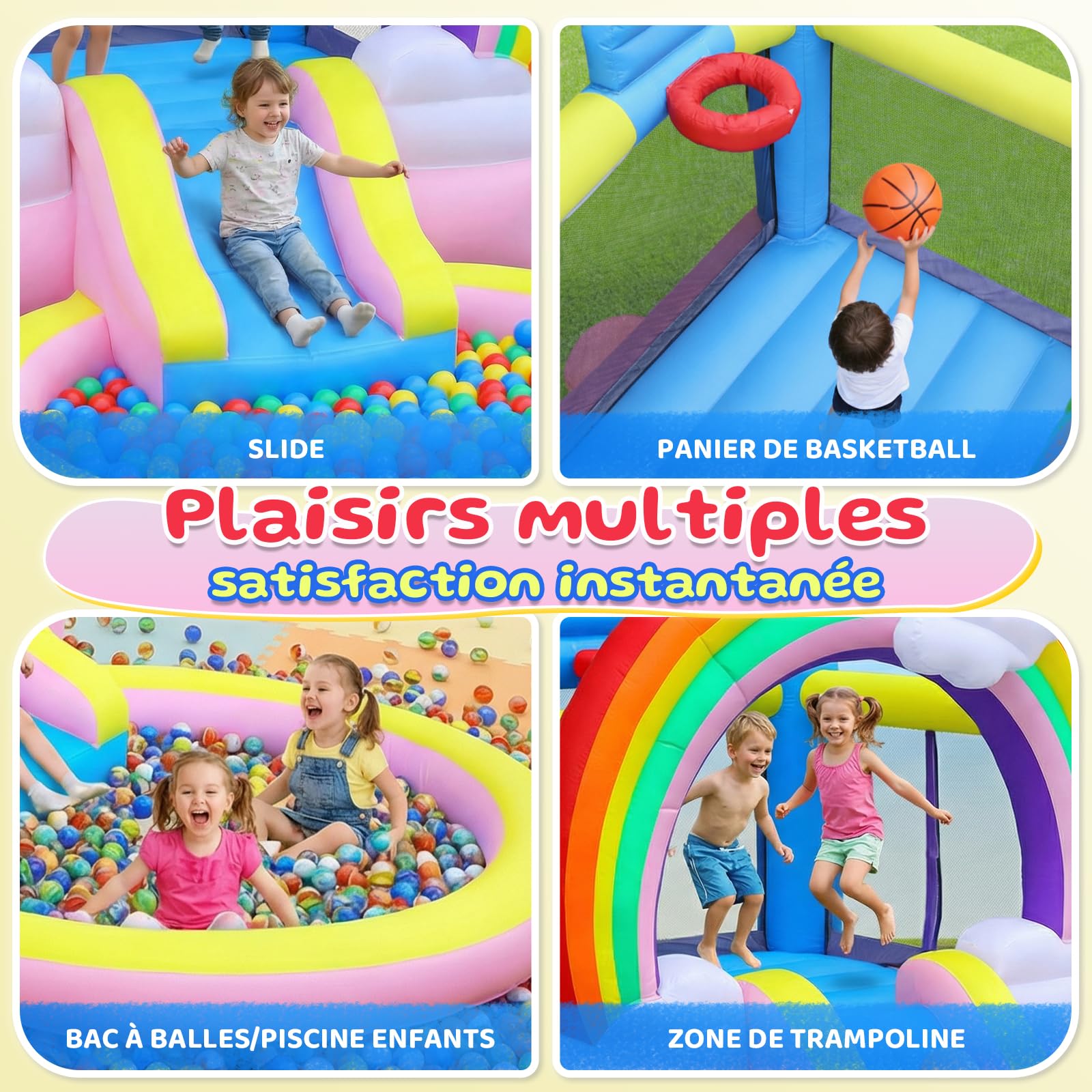 Bonnlo Tobogán Hinchable Infantil con Piscina, 370x192x192 cm, Cama Elástica y Diseño Arcoíris Nubes, Parque Inflable para Jardín Exterior e Inretior, Oxford 420D+840D