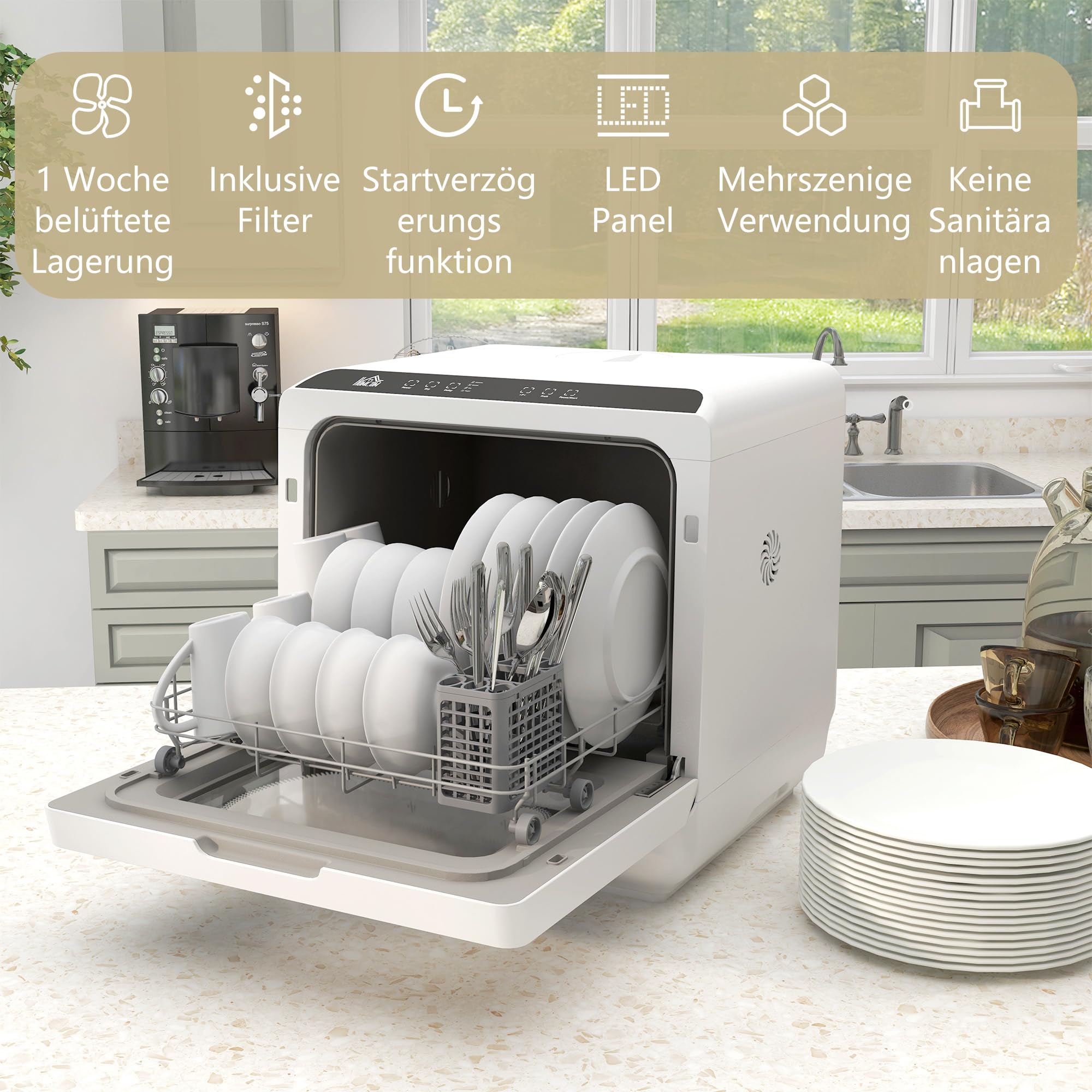 HOMCOM Tischgeschirrspüler Mit/Ohne Wasseranschluss Benutzbar Mini Weiß | Mini Geschirrspüler, Platz für 4 Maßgedecke, 6 Programmen, Eingebautem 6-Liter-Wassertank, für Büro, Camping, Wohnmobil