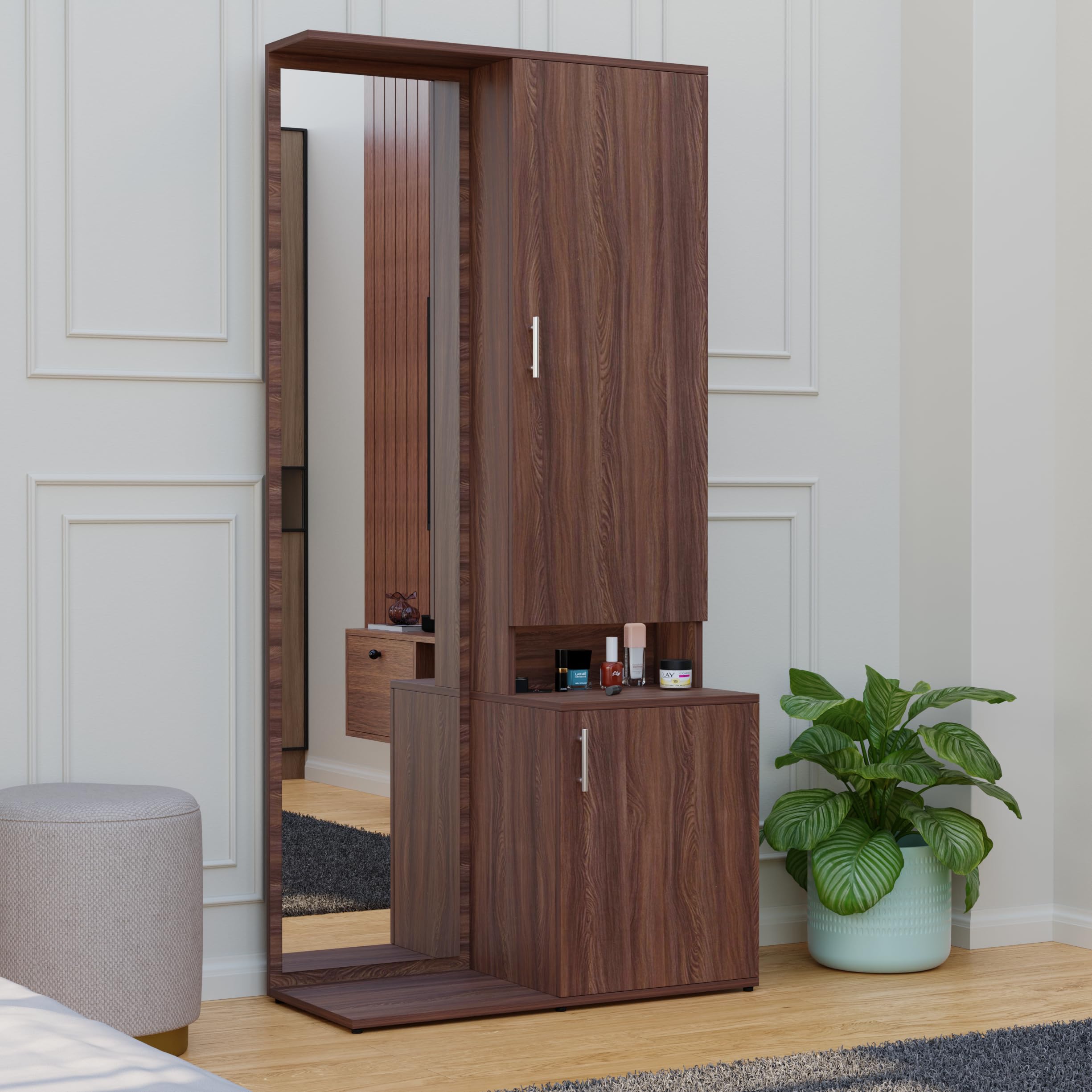 FURNIFLIX Engineered Wood Dressing Table with Storage Wooden Dressing Table with Mirror Vanity Table for Bedroom Home Living Room - Walnut